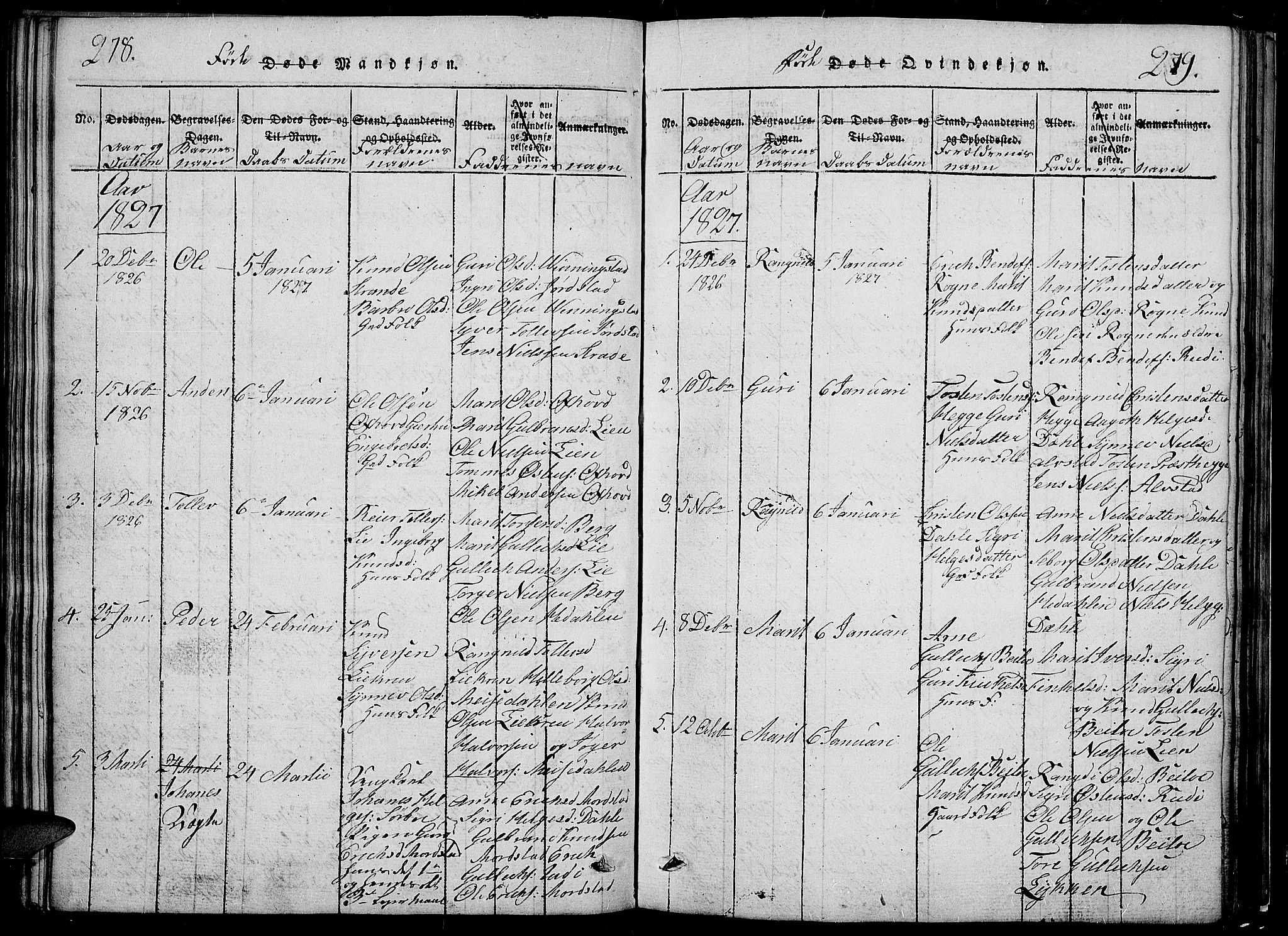 Slidre prestekontor, SAH/PREST-134/H/Ha/Hab/L0002: Parish register (copy) no. 2, 1814-1839, p. 278-279