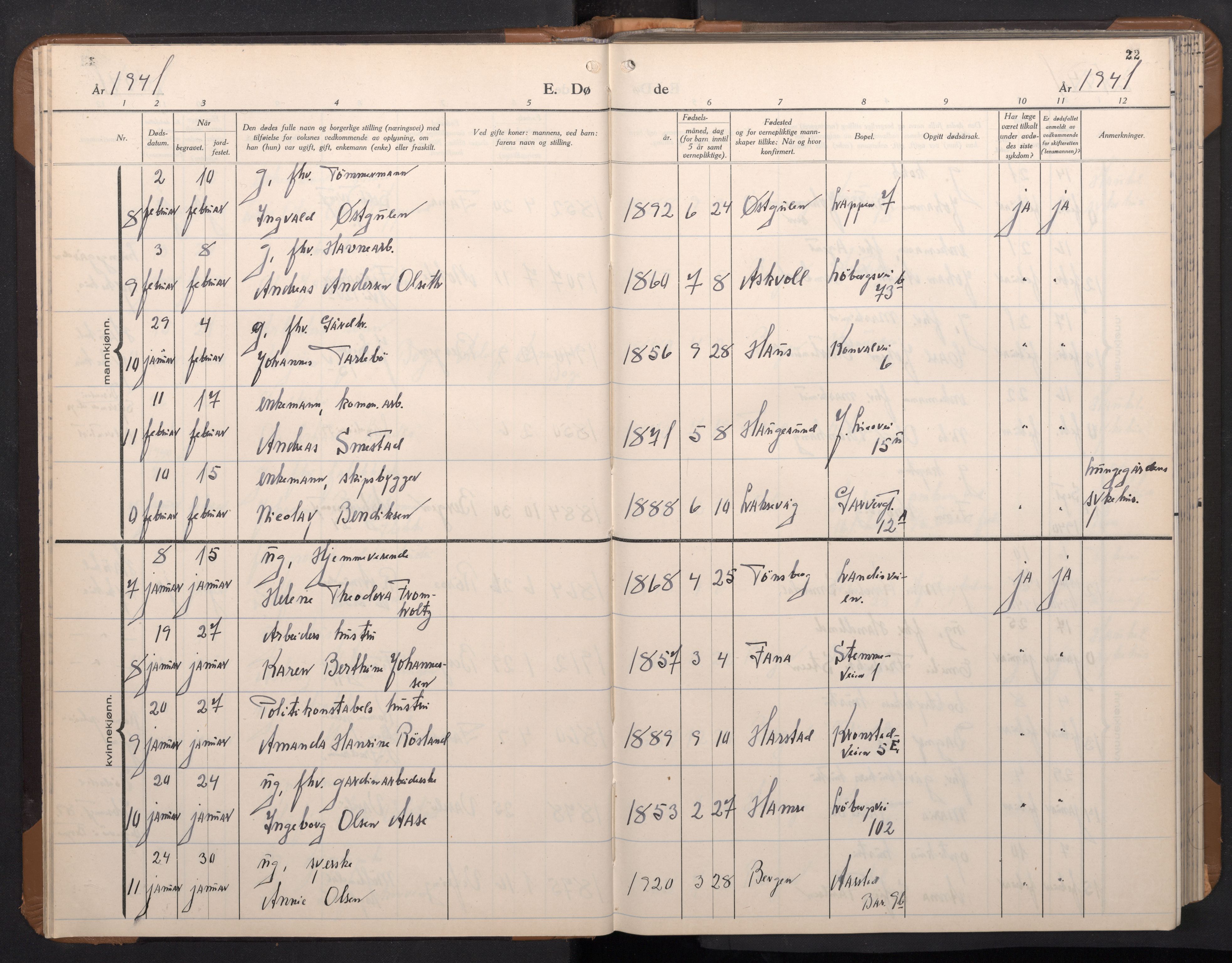 Årstad Sokneprestembete, AV/SAB-A-79301/H/Hab/L0026: Parish register (copy) no. D 3, 1940-1950, p. 21b-22a