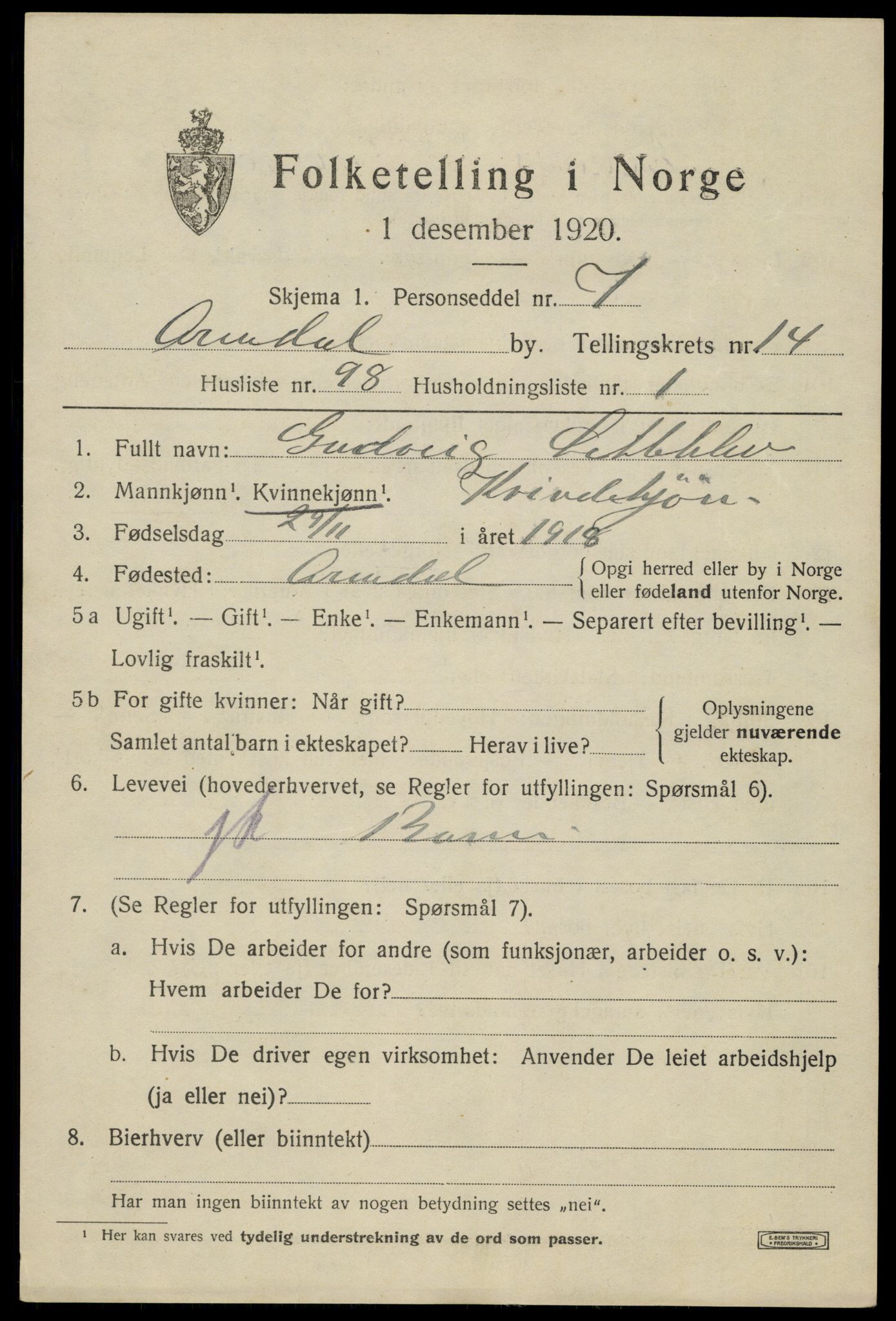 SAK, 1920 census for Arendal, 1920, p. 22330