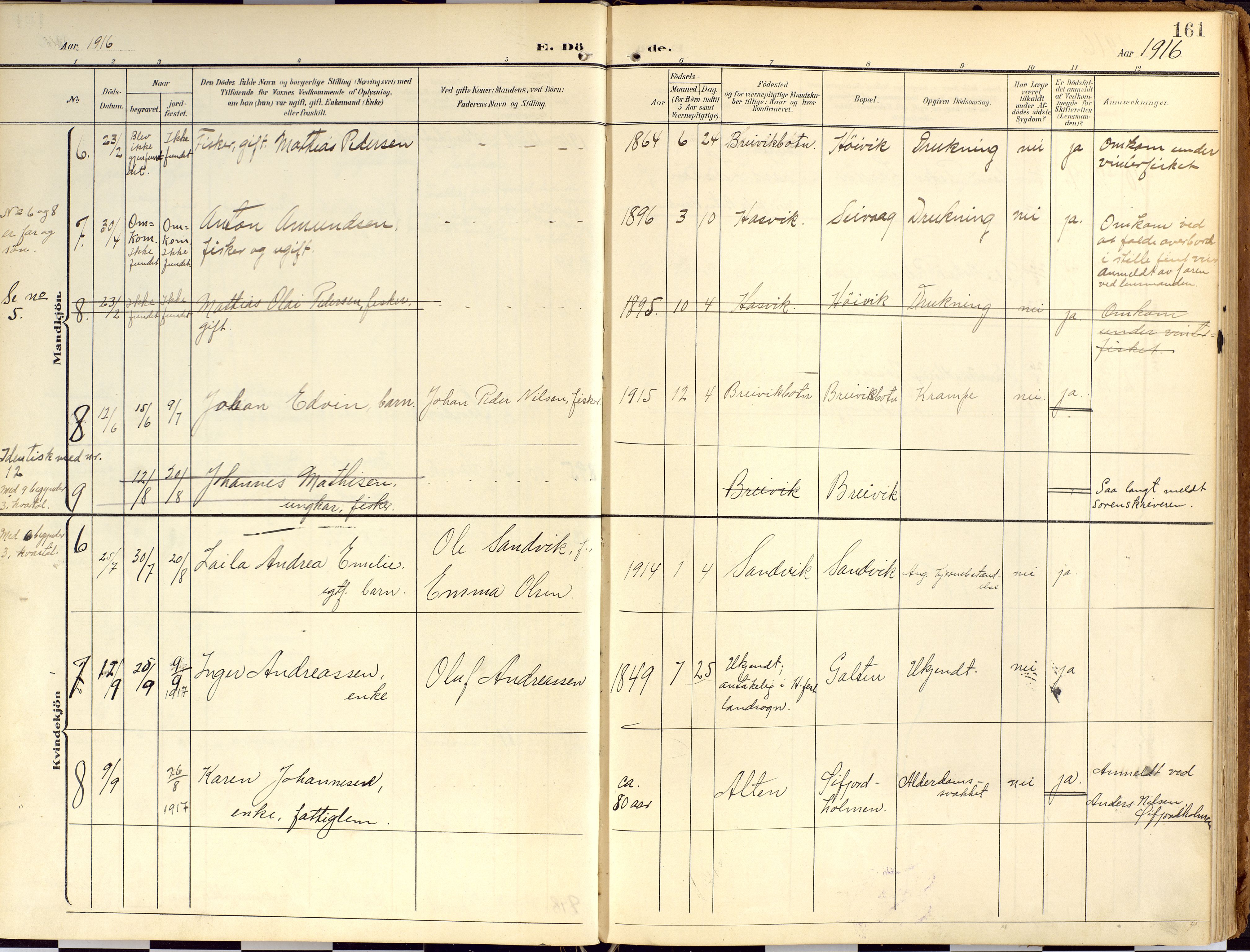 Loppa sokneprestkontor, AV/SATØ-S-1339/H/Ha/L0010kirke: Parish register (official) no. 10, 1907-1922, p. 161