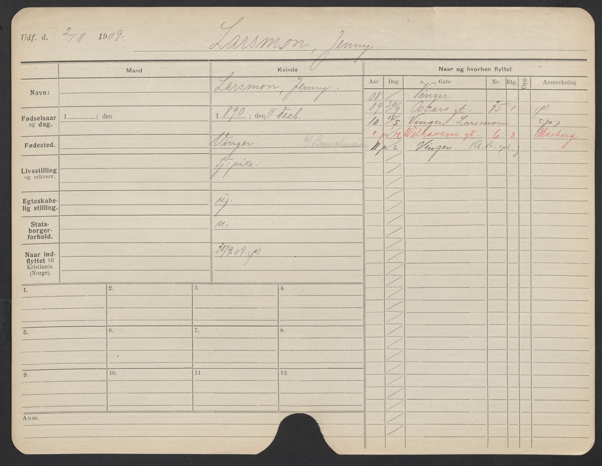 Oslo folkeregister, Registerkort, AV/SAO-A-11715/F/Fa/Fac/L0019: Kvinner, 1906-1914, p. 1173a