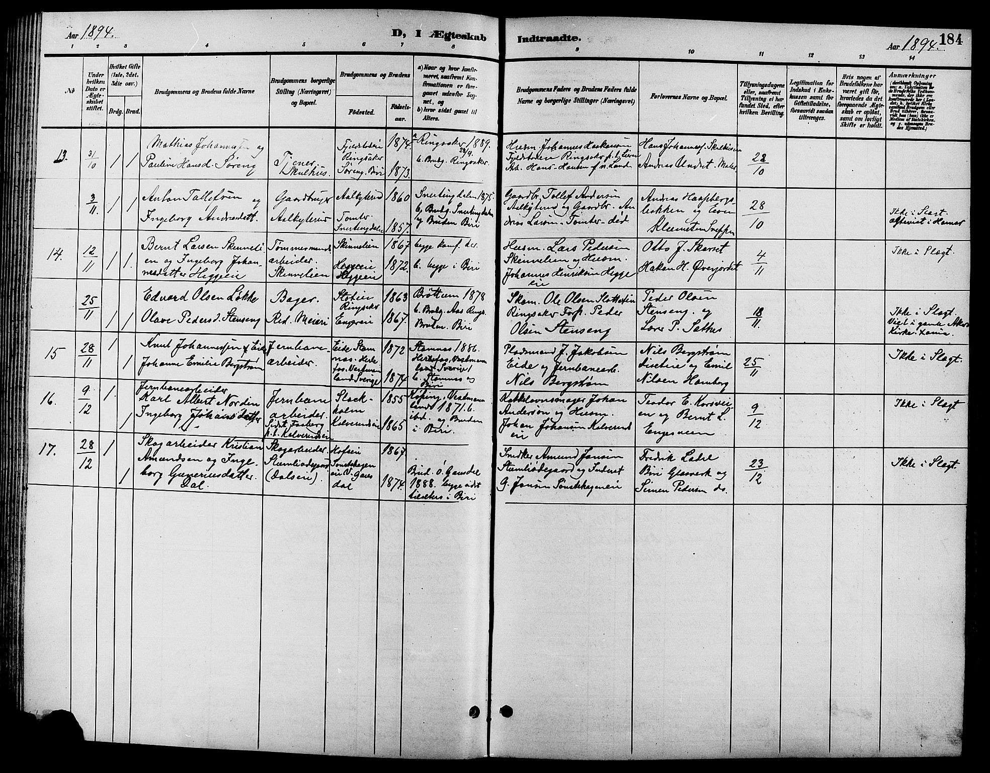 Biri prestekontor, SAH/PREST-096/H/Ha/Hab/L0004: Parish register (copy) no. 4, 1892-1909, p. 184