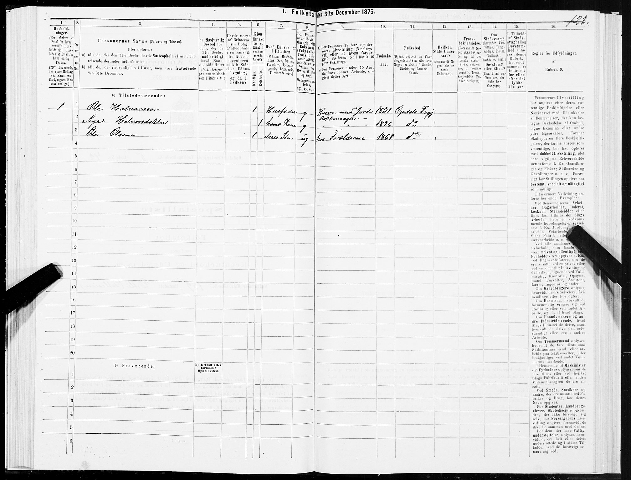 SAT, 1875 census for 1634P Oppdal, 1875, p. 3123