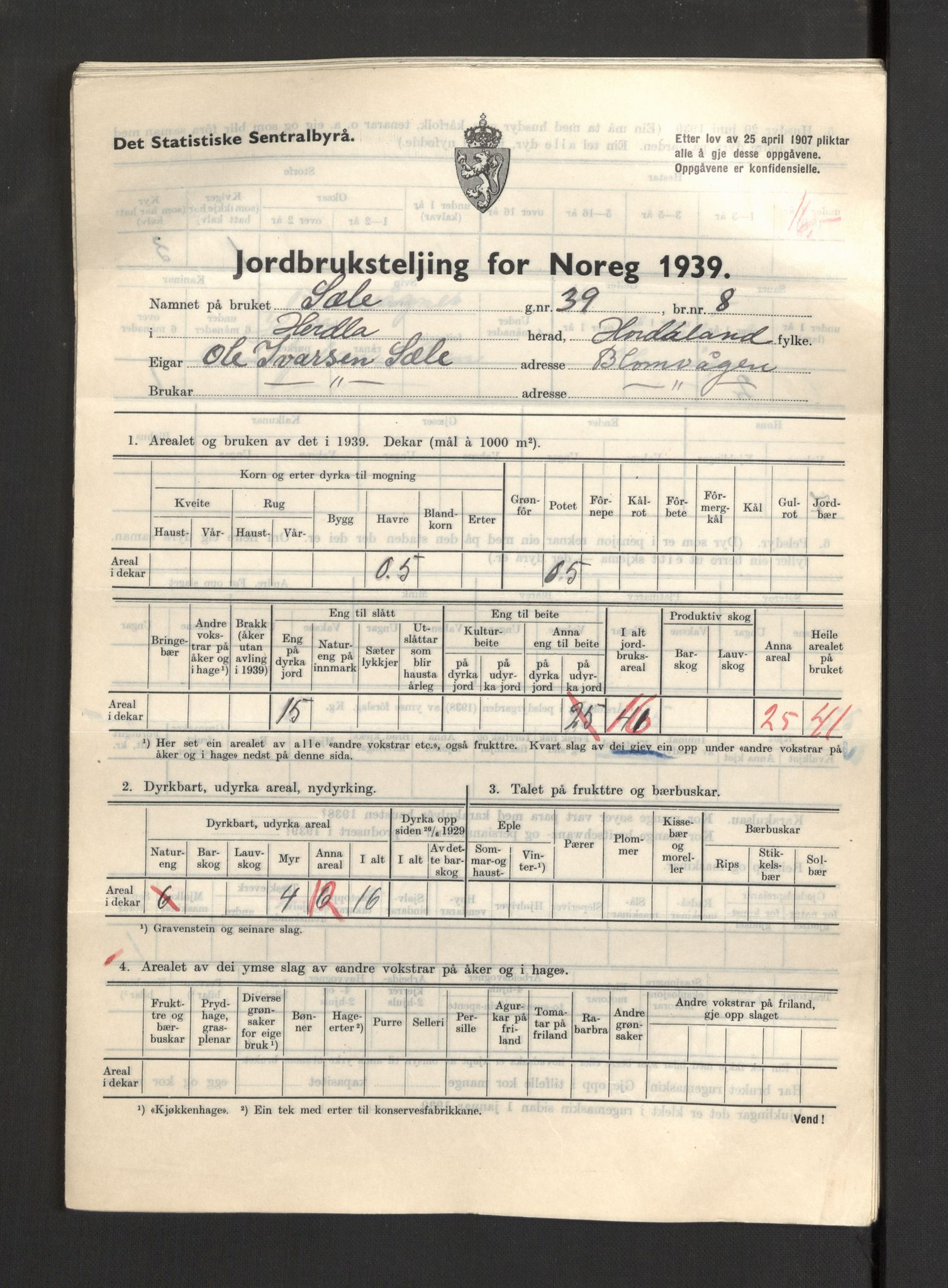 Statistisk sentralbyrå, Næringsøkonomiske emner, Jordbruk, skogbruk, jakt, fiske og fangst, AV/RA-S-2234/G/Gb/L0211: Hordaland: Herdla, Hjelme og Manger, 1939, p. 371