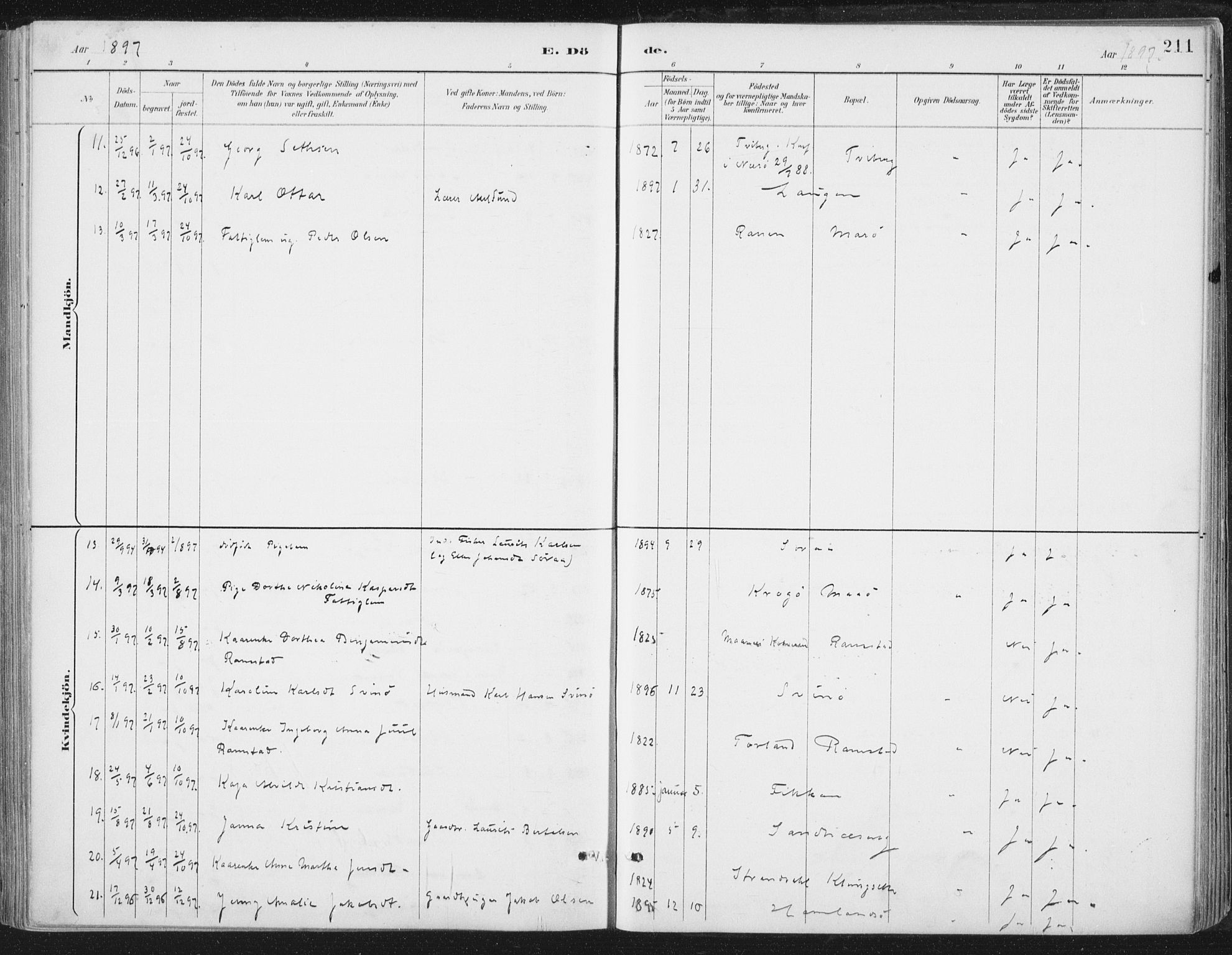 Ministerialprotokoller, klokkerbøker og fødselsregistre - Nord-Trøndelag, AV/SAT-A-1458/784/L0673: Parish register (official) no. 784A08, 1888-1899, p. 211