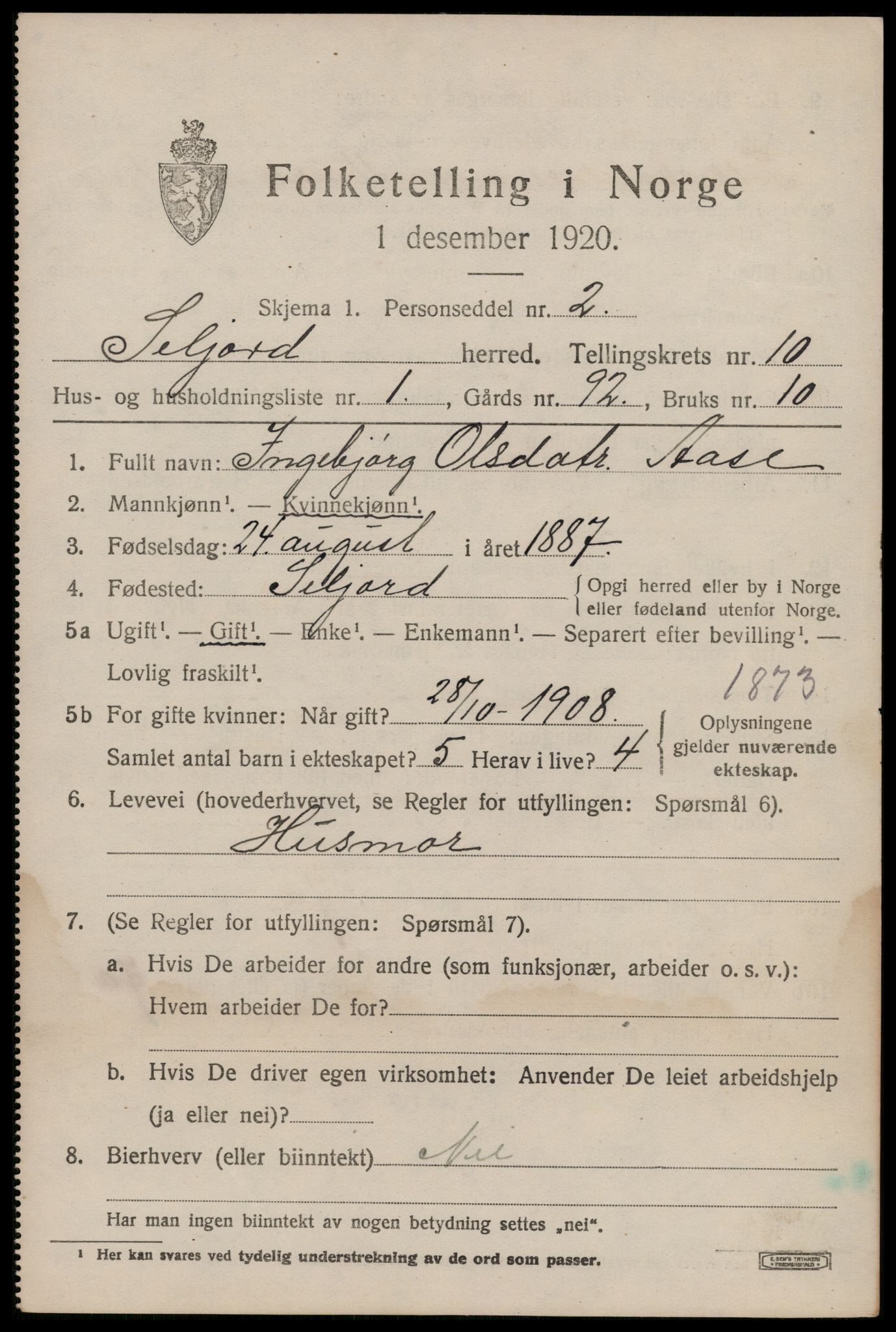 SAKO, 1920 census for Seljord, 1920, p. 4780