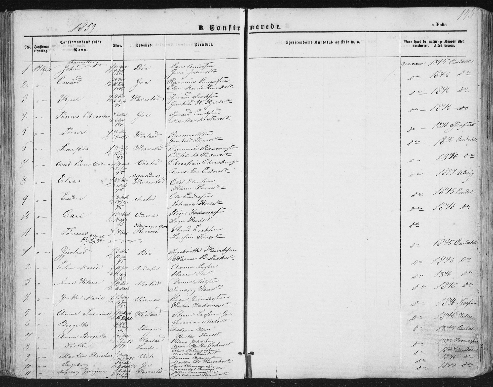 Hetland sokneprestkontor, AV/SAST-A-101826/30/30BA/L0002: Parish register (official) no. A 2, 1849-1869, p. 145