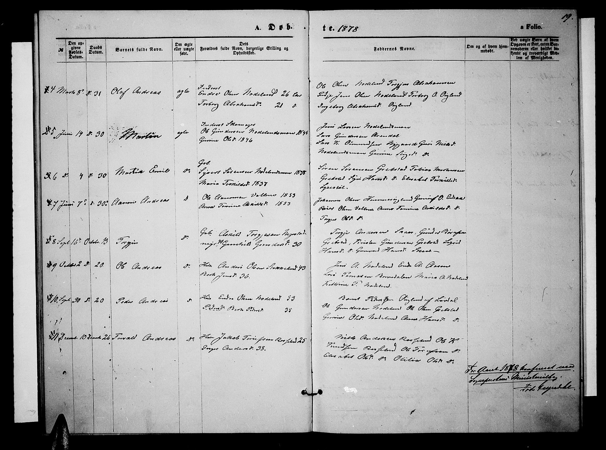 Søgne sokneprestkontor, SAK/1111-0037/F/Fb/Fba/L0003: Parish register (copy) no. B 3, 1874-1887, p. 19