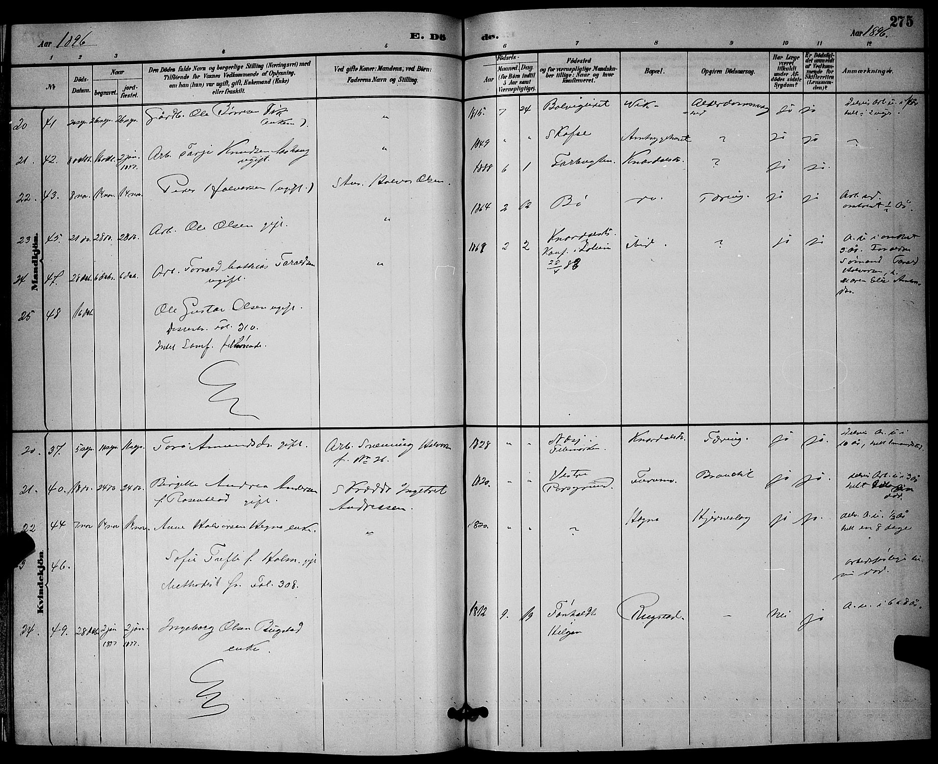 Solum kirkebøker, SAKO/A-306/G/Ga/L0007: Parish register (copy) no. I 7, 1884-1898, p. 275