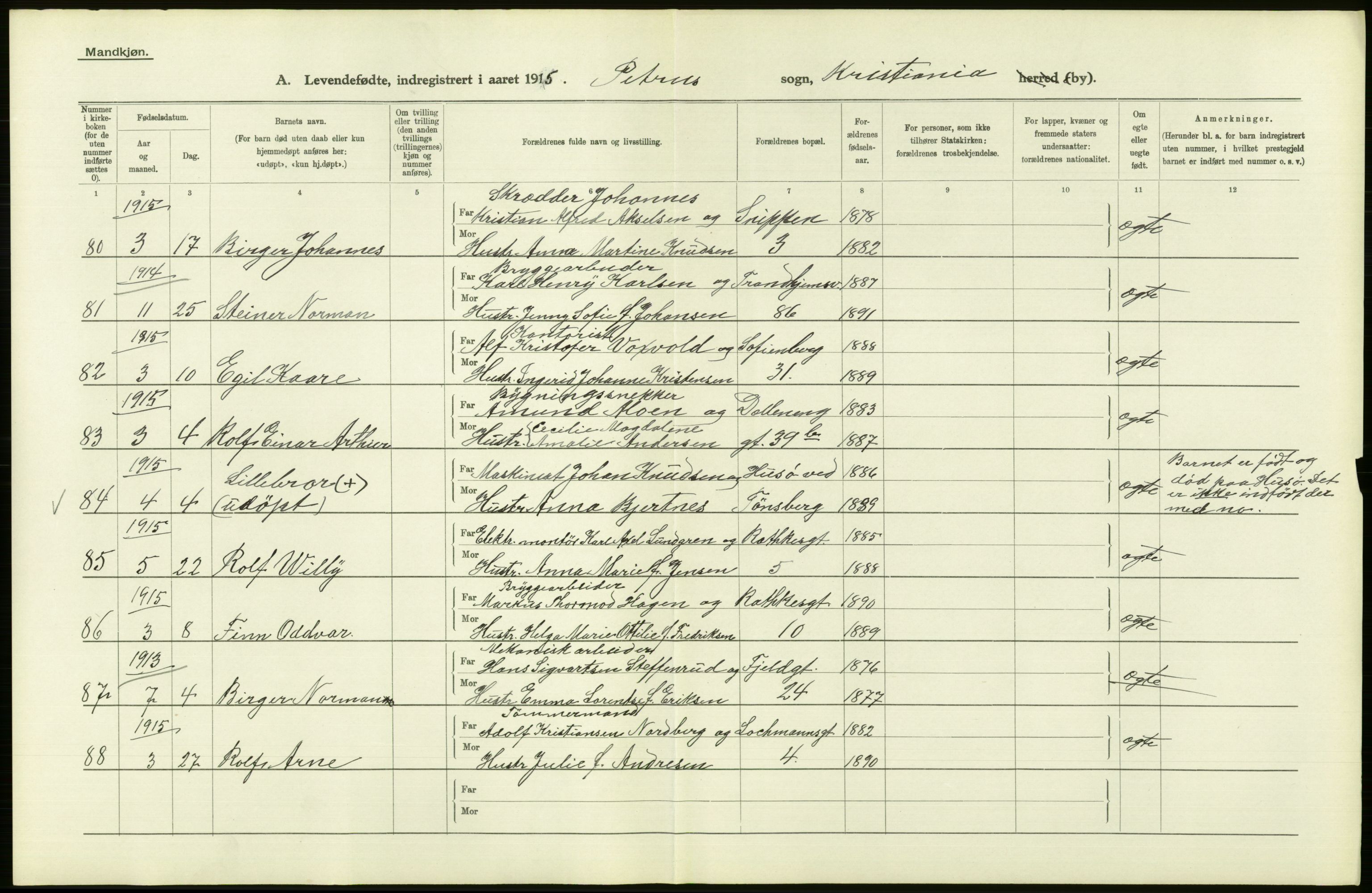 Statistisk sentralbyrå, Sosiodemografiske emner, Befolkning, AV/RA-S-2228/D/Df/Dfb/Dfbe/L0006: Kristiania: Levendefødte menn og kvinner., 1915, p. 32