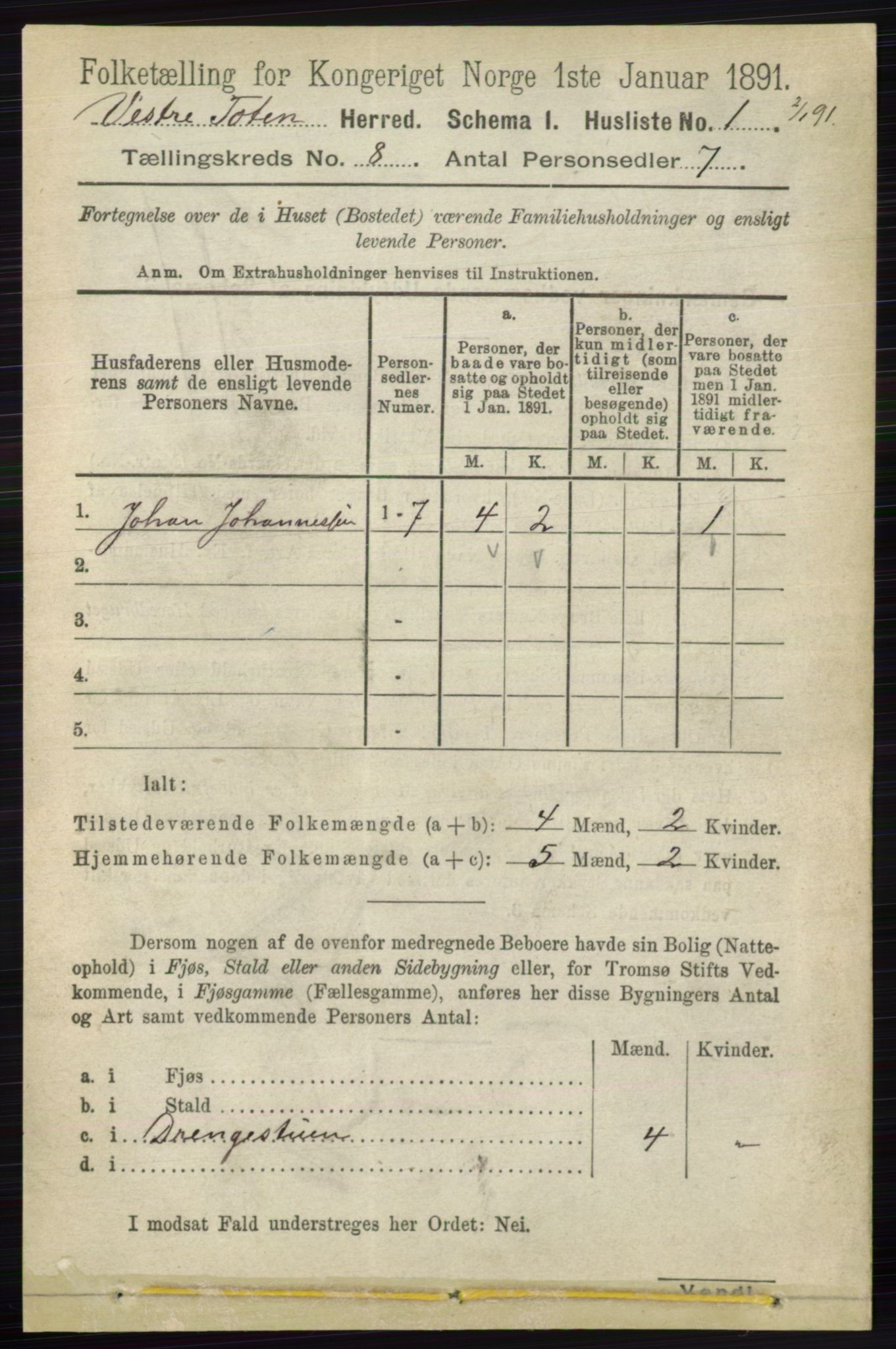 RA, 1891 census for 0529 Vestre Toten, 1891, p. 4914