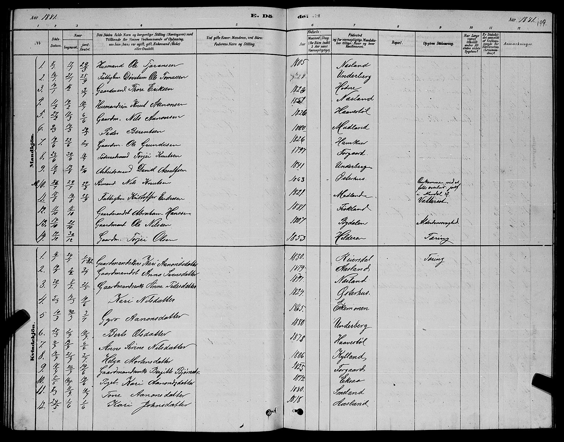 Åseral sokneprestkontor, SAK/1111-0051/F/Fb/L0002: Parish register (copy) no. B 2, 1878-1899, p. 199