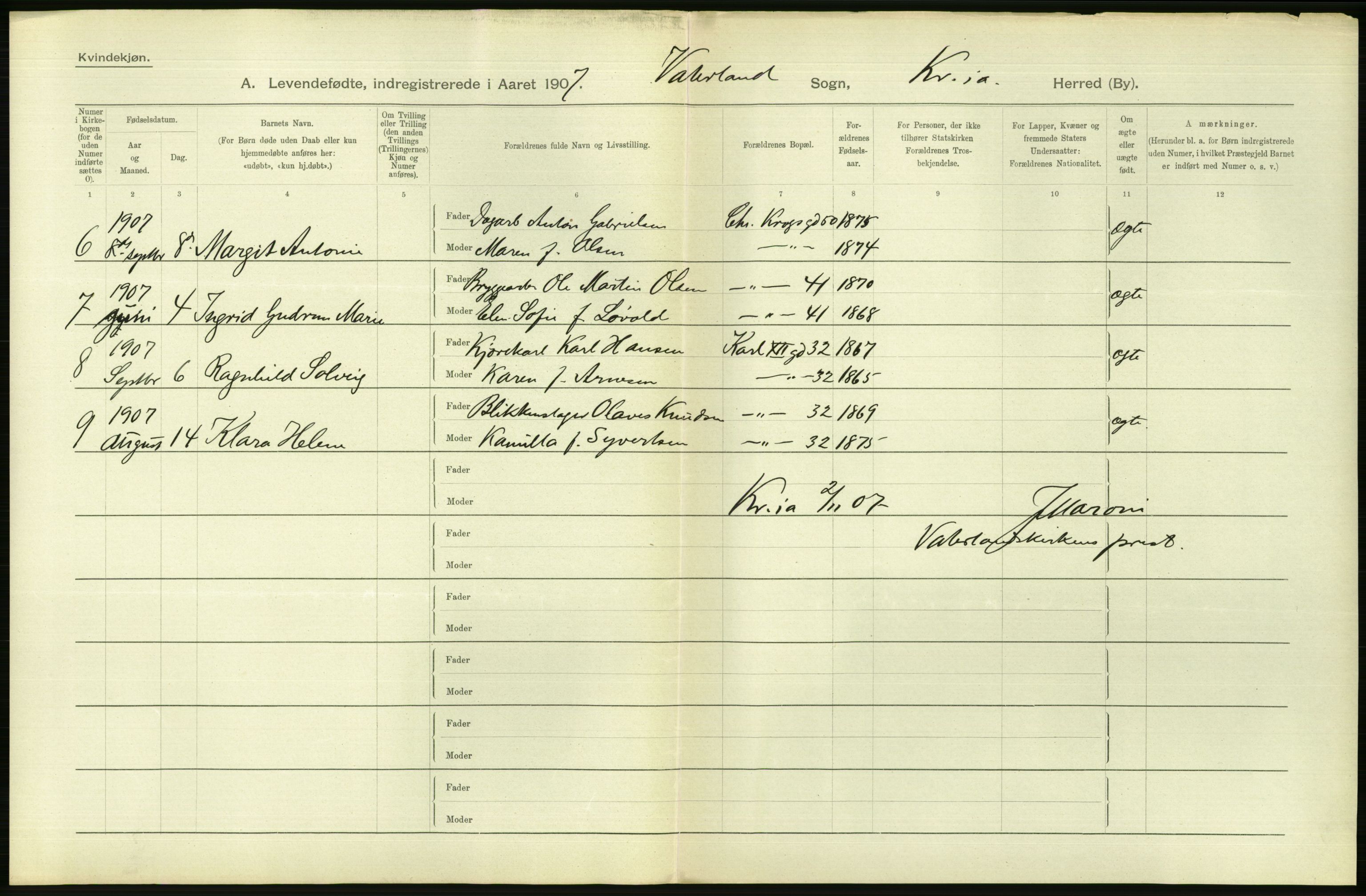 Statistisk sentralbyrå, Sosiodemografiske emner, Befolkning, AV/RA-S-2228/D/Df/Dfa/Dfae/L0007: Kristiania: Levendefødte menn og kvinner., 1907, p. 722