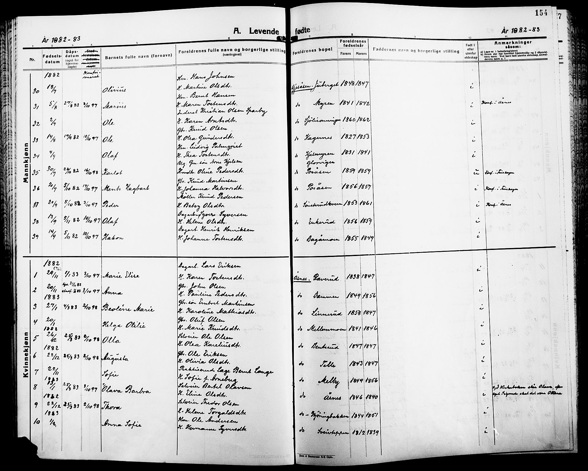 Åsnes prestekontor, AV/SAH-PREST-042/H/Ha/Haa/L0000B: Parish register (official), 1870-1889, p. 154