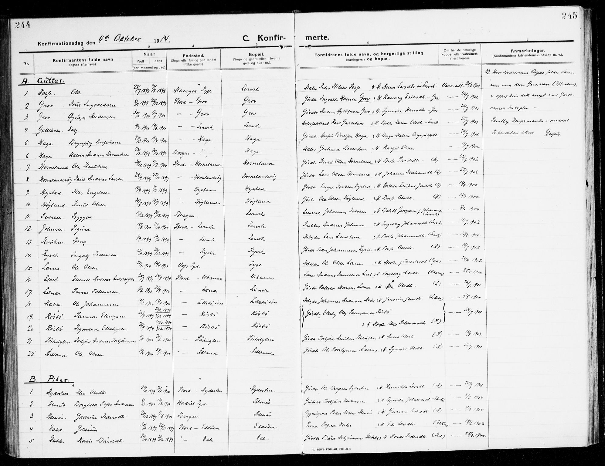 Stord sokneprestembete, SAB/A-78201/H/Haa: Parish register (official) no. B 3, 1913-1925, p. 244-245