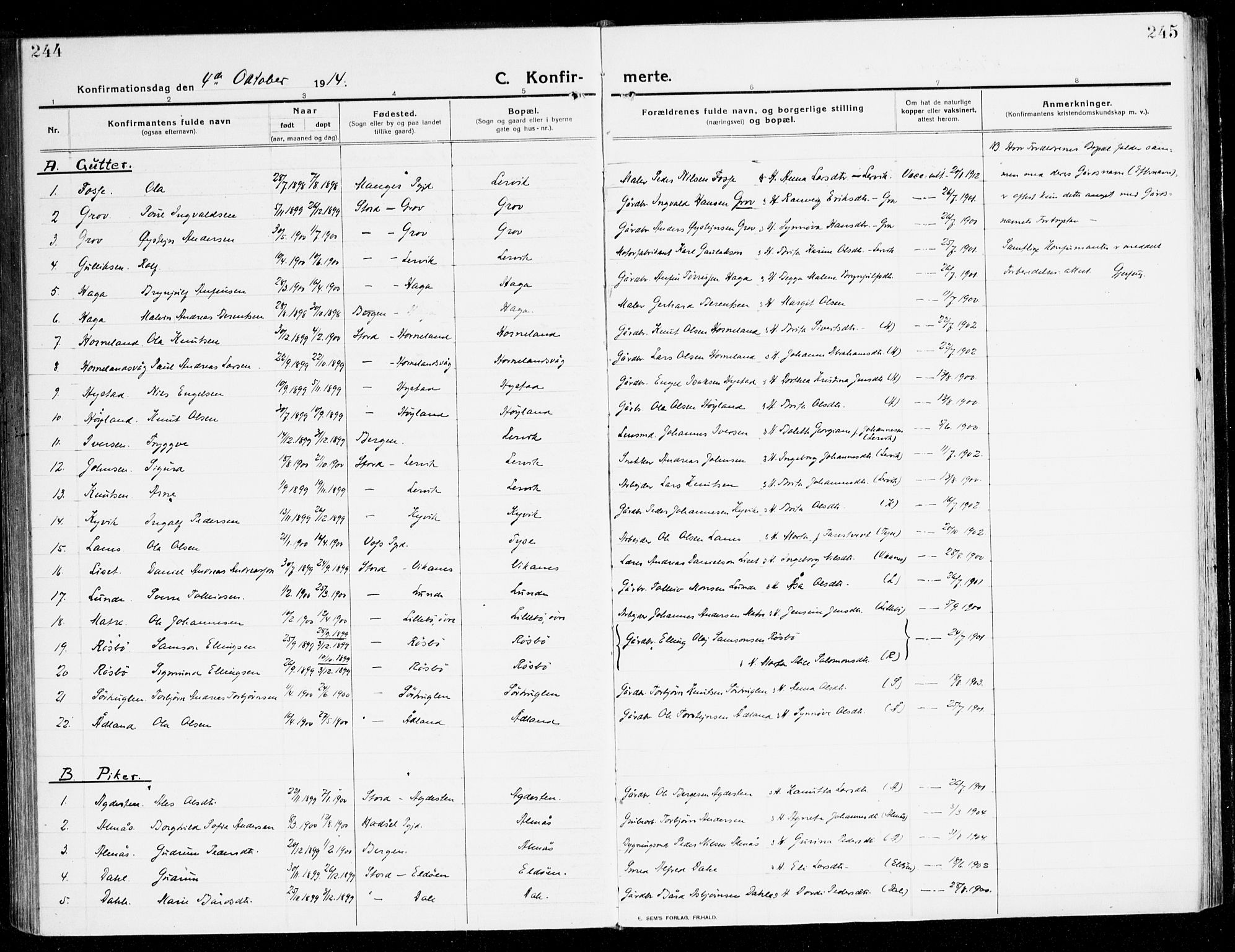 Stord sokneprestembete, AV/SAB-A-78201/H/Haa: Parish register (official) no. B 3, 1913-1925, p. 244-245