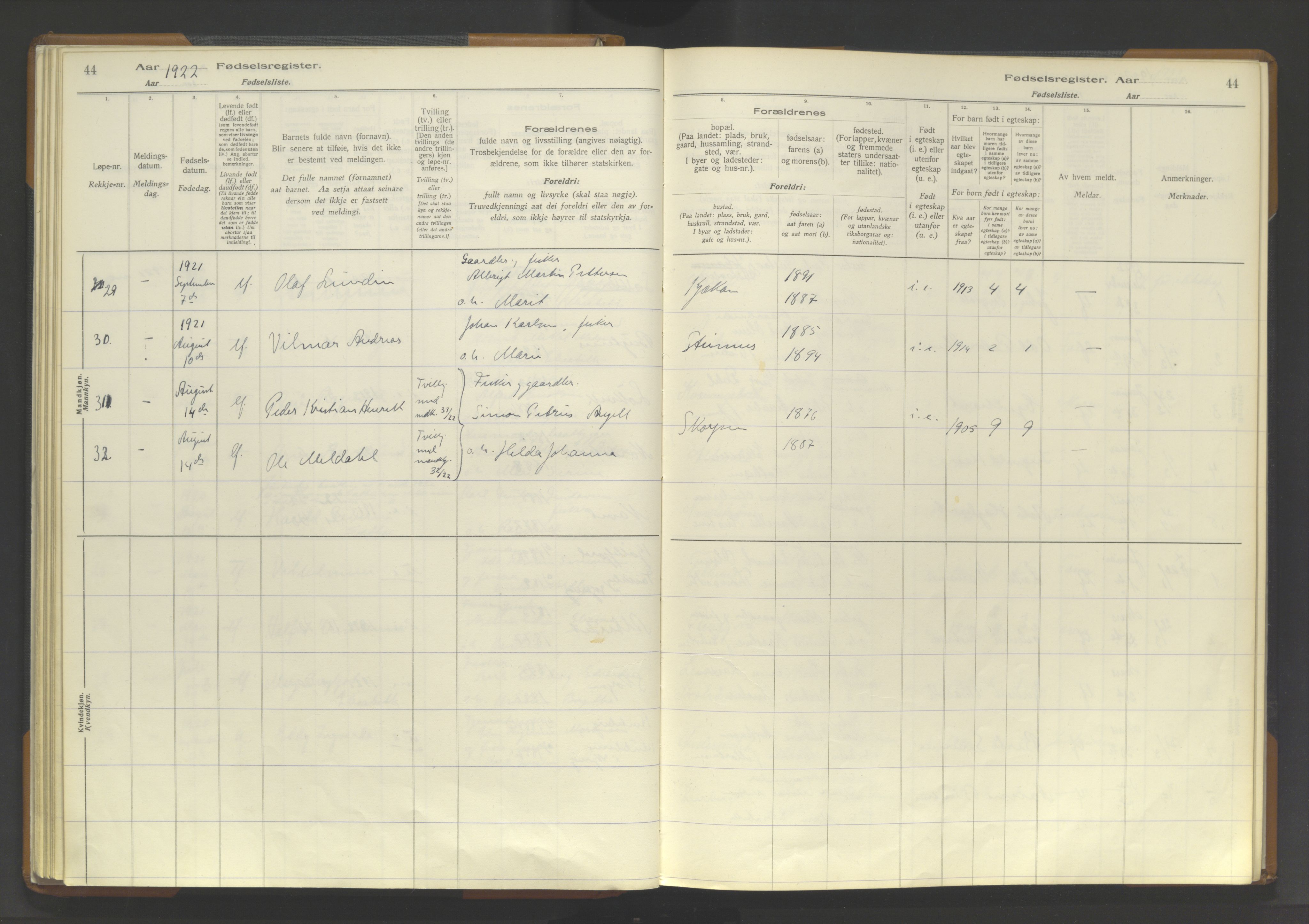 Skjervøy sokneprestkontor, AV/SATØ-S-1300/I/Ia/L0062: Birth register no. 62, 1916-1950, p. 44