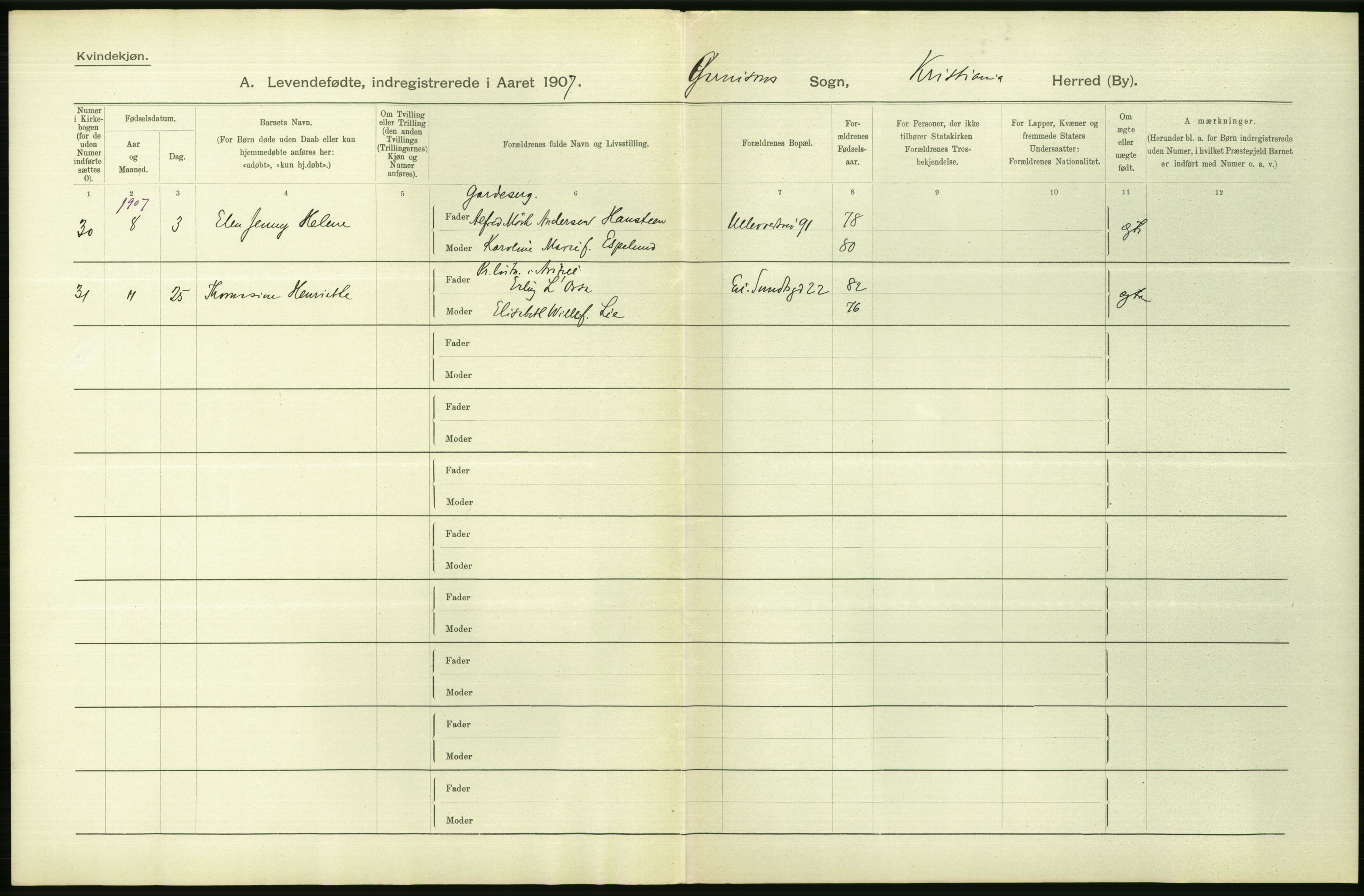 Statistisk sentralbyrå, Sosiodemografiske emner, Befolkning, AV/RA-S-2228/D/Df/Dfa/Dfae/L0007: Kristiania: Levendefødte menn og kvinner., 1907, p. 668