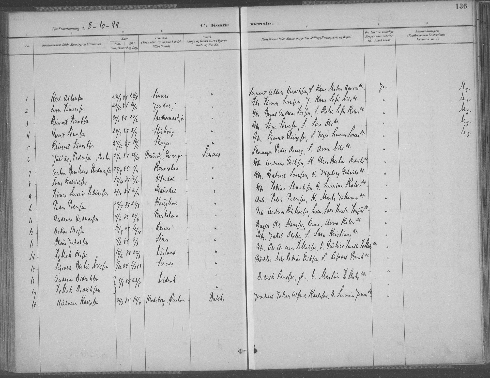 Bakke sokneprestkontor, SAK/1111-0002/F/Fa/Faa/L0008: Parish register (official) no. A 8, 1887-1911, p. 136