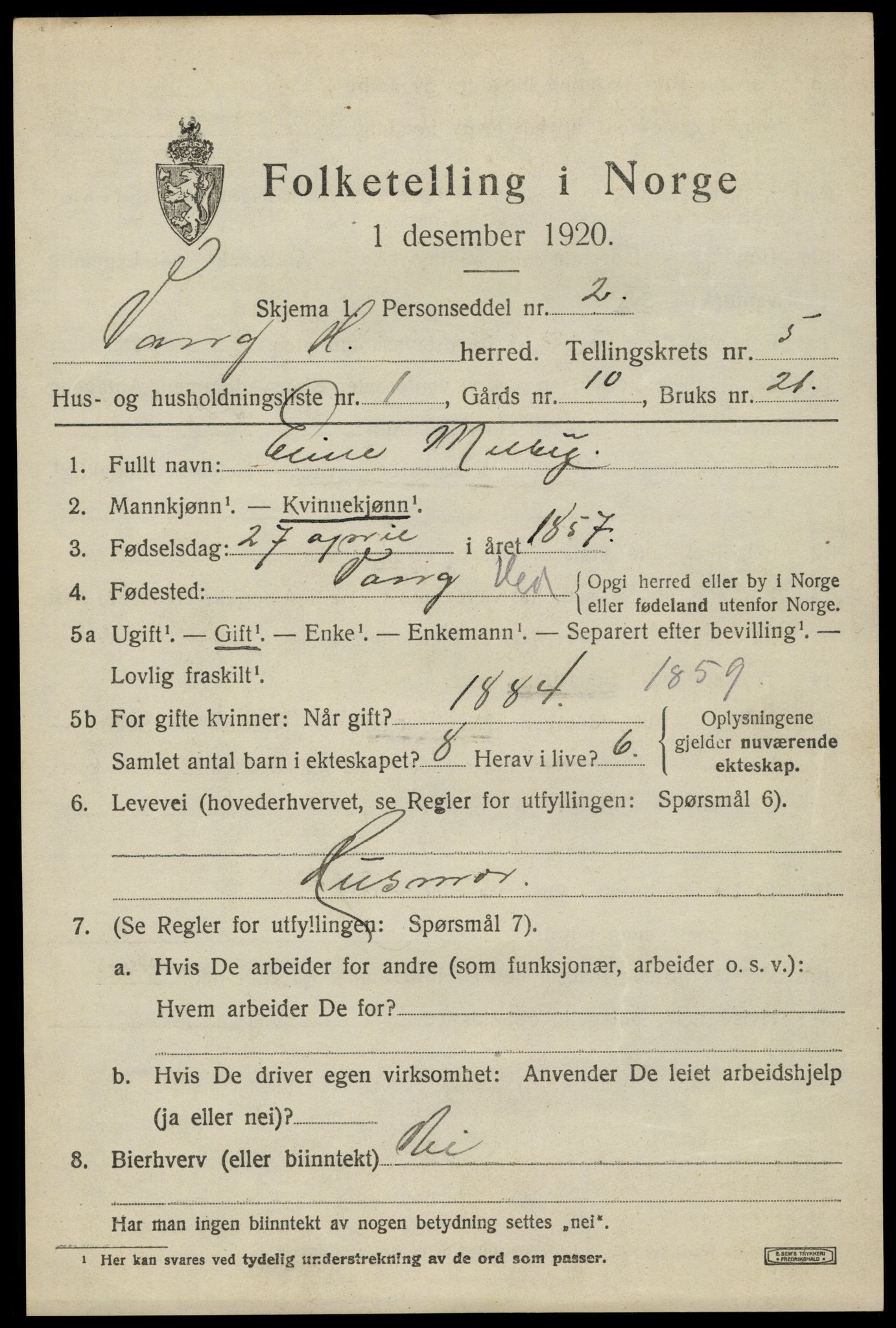 SAH, 1920 census for Vang (Hedmark), 1920, p. 13849