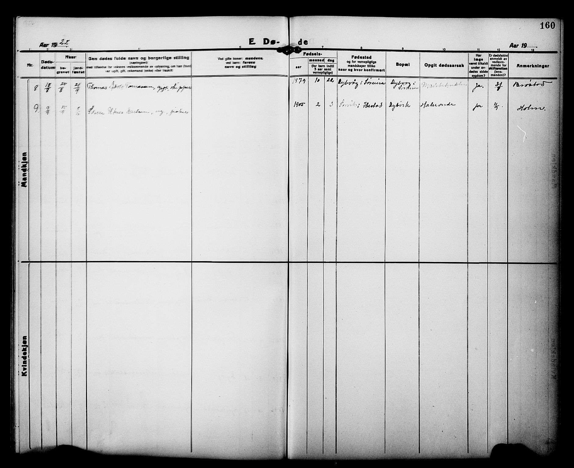 Tranøy sokneprestkontor, AV/SATØ-S-1313/I/Ia/Iab/L0015klokker: Parish register (copy) no. 15, 1918-1930, p. 160