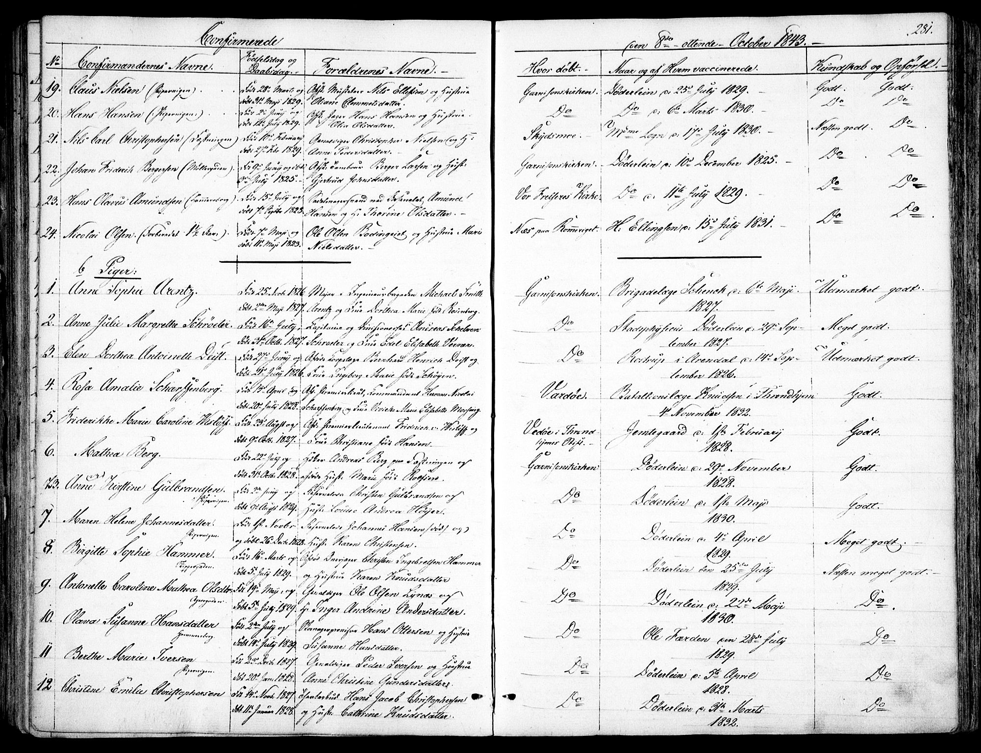 Garnisonsmenigheten Kirkebøker, AV/SAO-A-10846/F/Fa/L0008: Parish register (official) no. 8, 1842-1859, p. 281