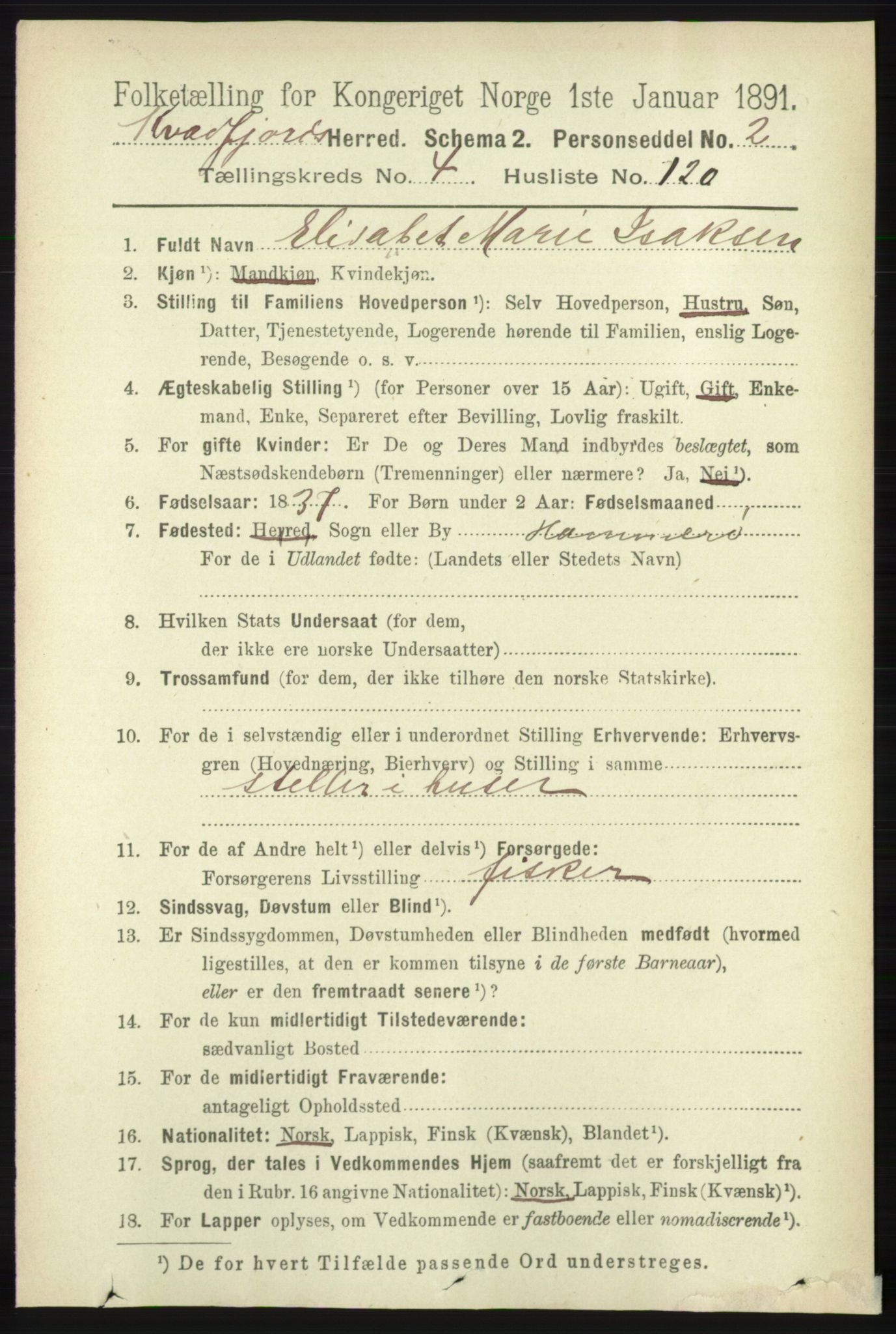 RA, 1891 census for 1911 Kvæfjord, 1891, p. 2659