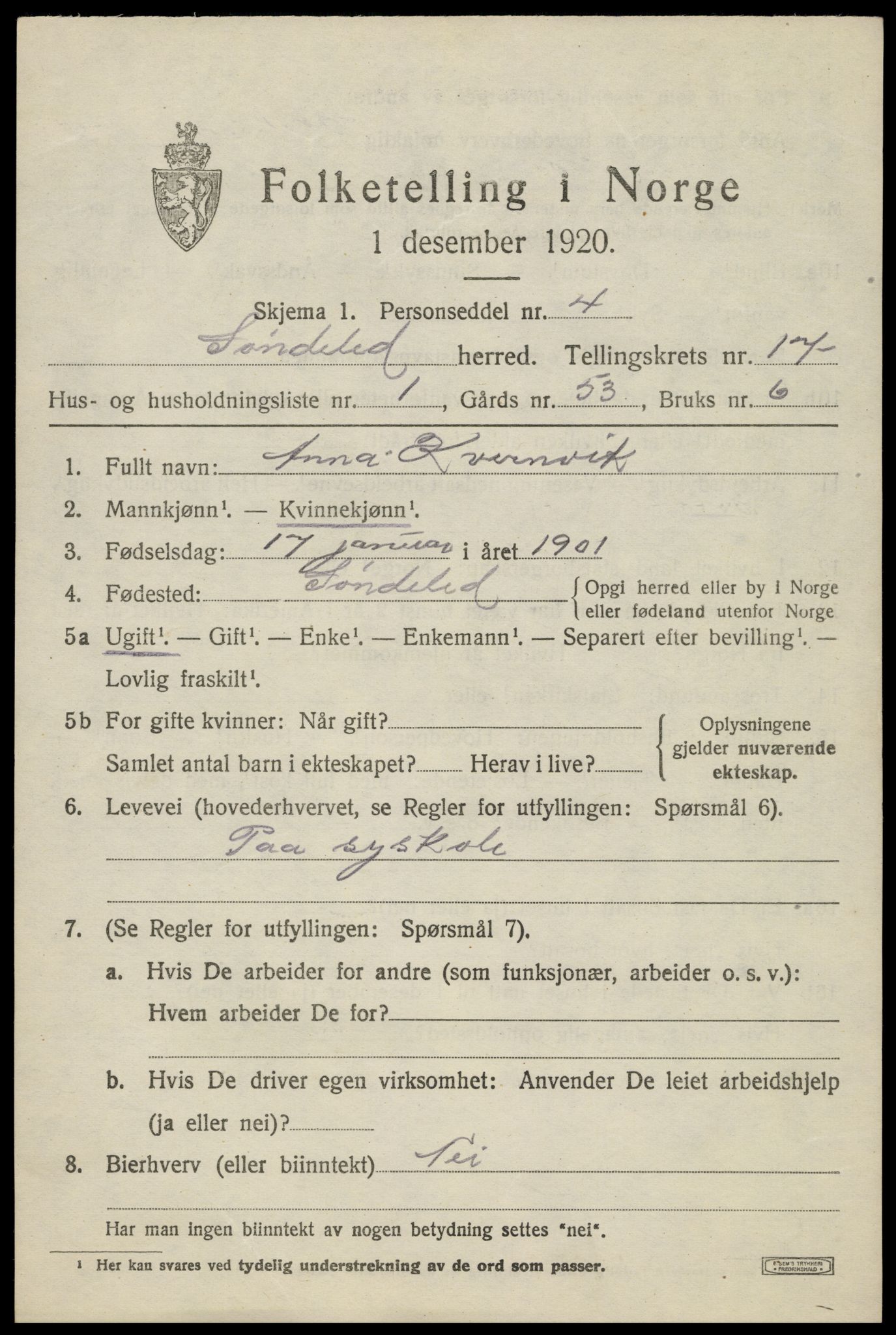 SAK, 1920 census for Søndeled, 1920, p. 7319