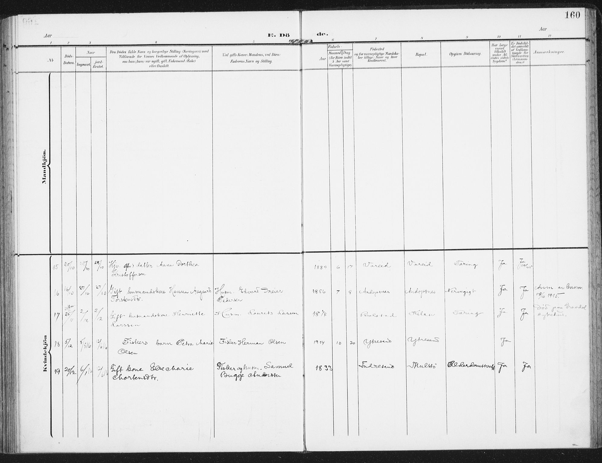 Ministerialprotokoller, klokkerbøker og fødselsregistre - Nordland, AV/SAT-A-1459/885/L1206: Parish register (official) no. 885A07, 1905-1915, p. 160