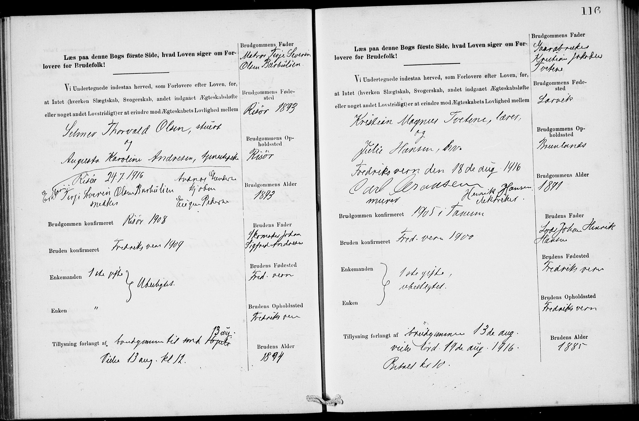 Stavern kirkebøker, SAKO/A-318/H/Ha/L0001: Banns register no. 1, 1875-1918, p. 116
