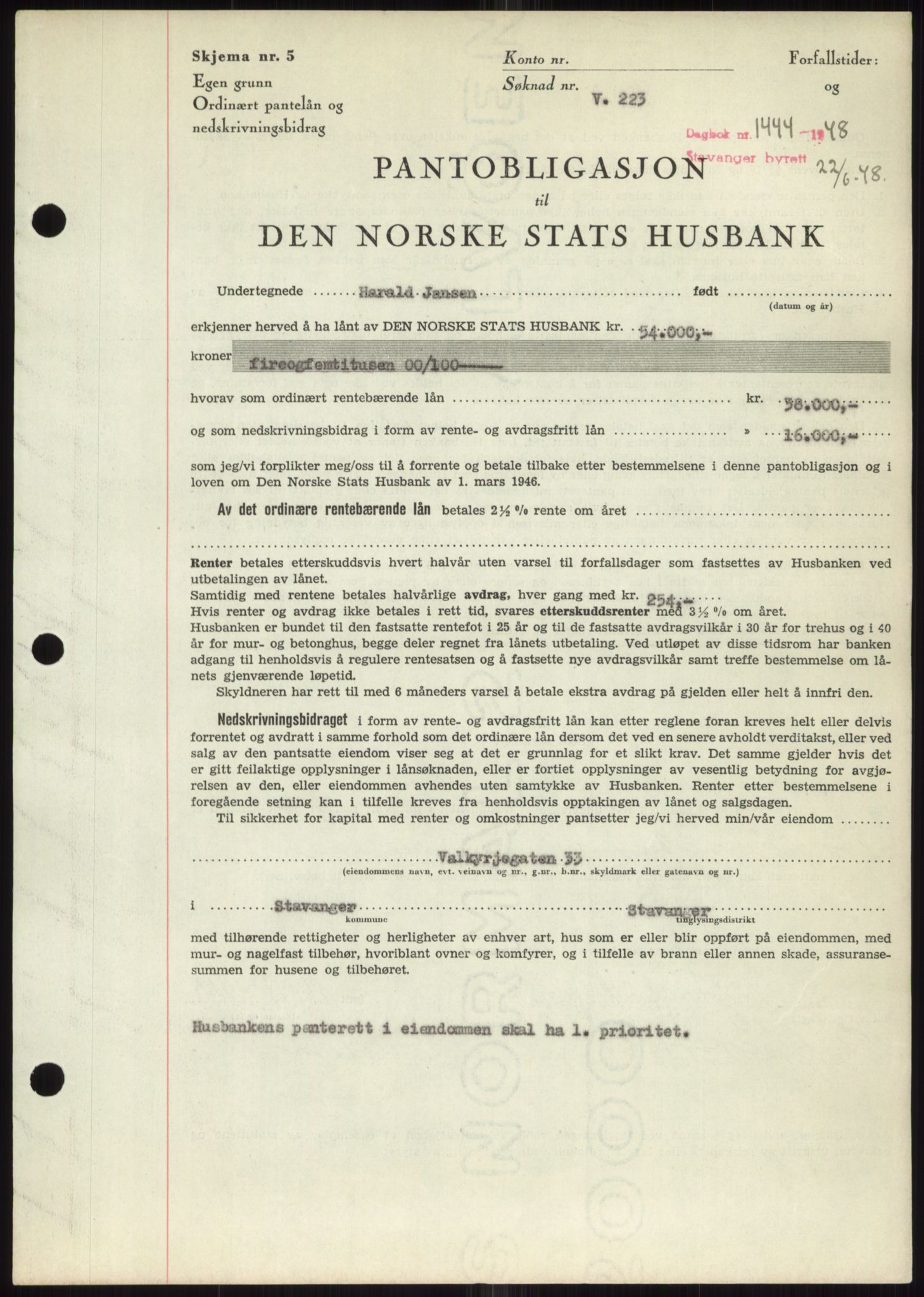 Stavanger byrett, SAST/A-100455/002/G/Gb/L0032: Mortgage book, 1947-1950, Diary no: : 1444/1948