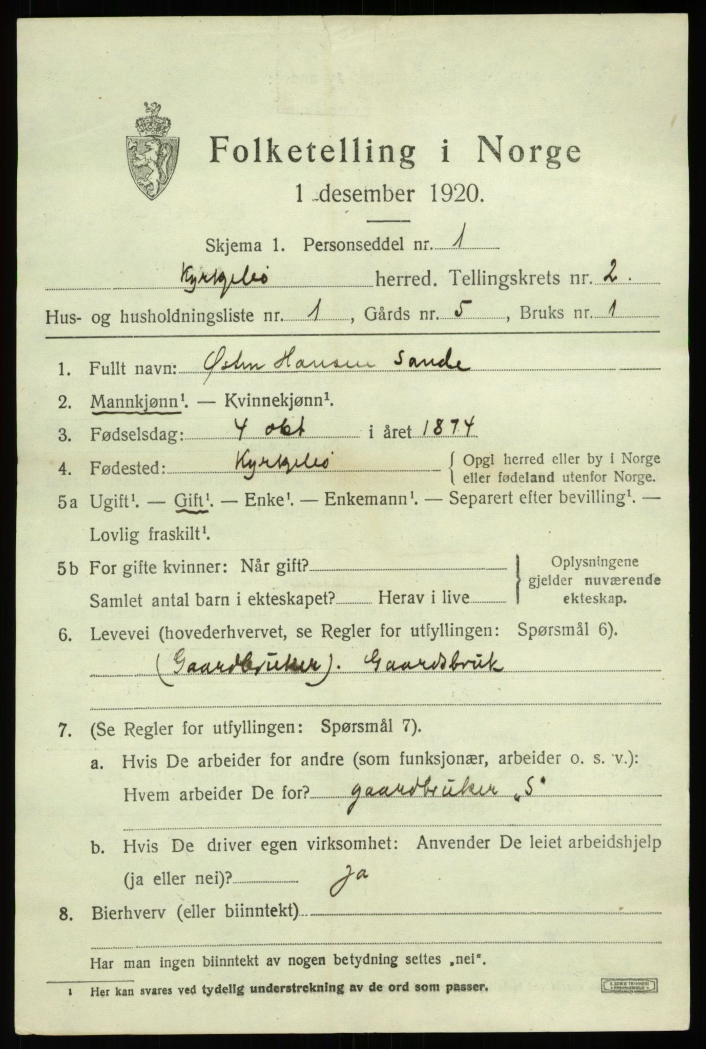 SAB, 1920 census for Kyrkjebø, 1920, p. 1015