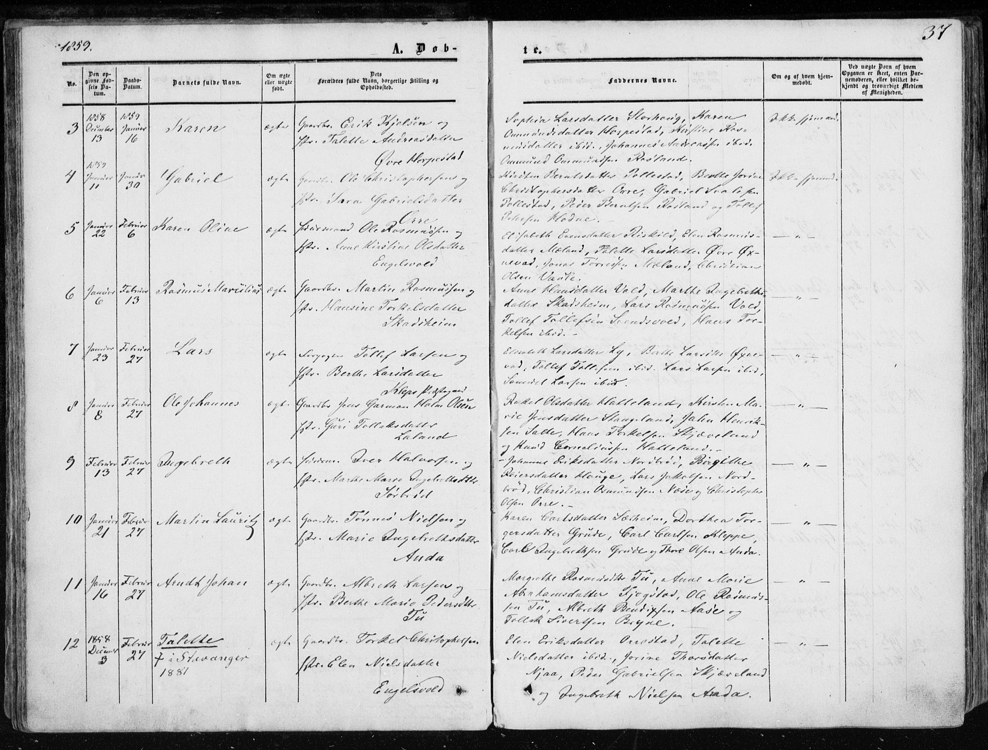 Klepp sokneprestkontor, AV/SAST-A-101803/001/3/30BA/L0005: Parish register (official) no. A 5, 1853-1870, p. 37