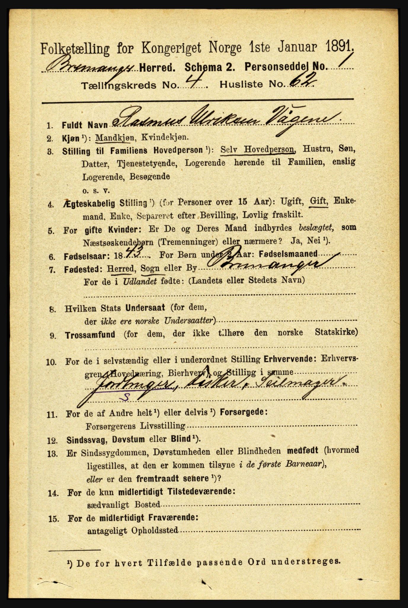 RA, 1891 census for 1438 Bremanger, 1891, p. 1891