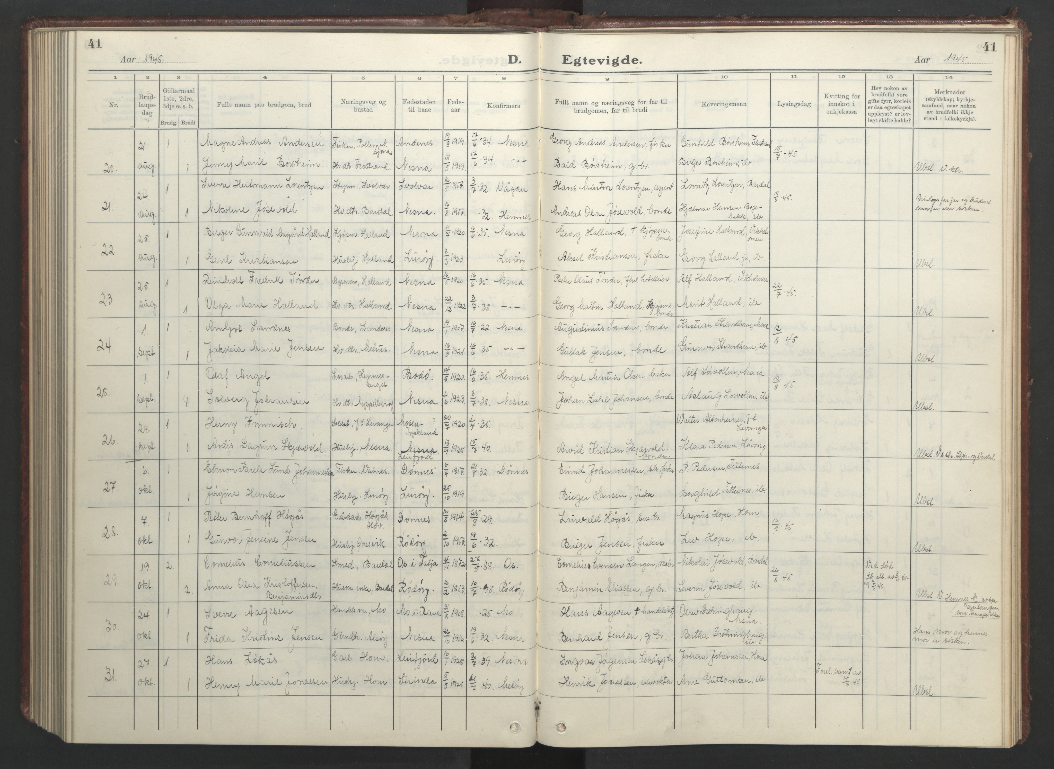 Ministerialprotokoller, klokkerbøker og fødselsregistre - Nordland, AV/SAT-A-1459/838/L0561: Parish register (copy) no. 838C08, 1923-1953, p. 41