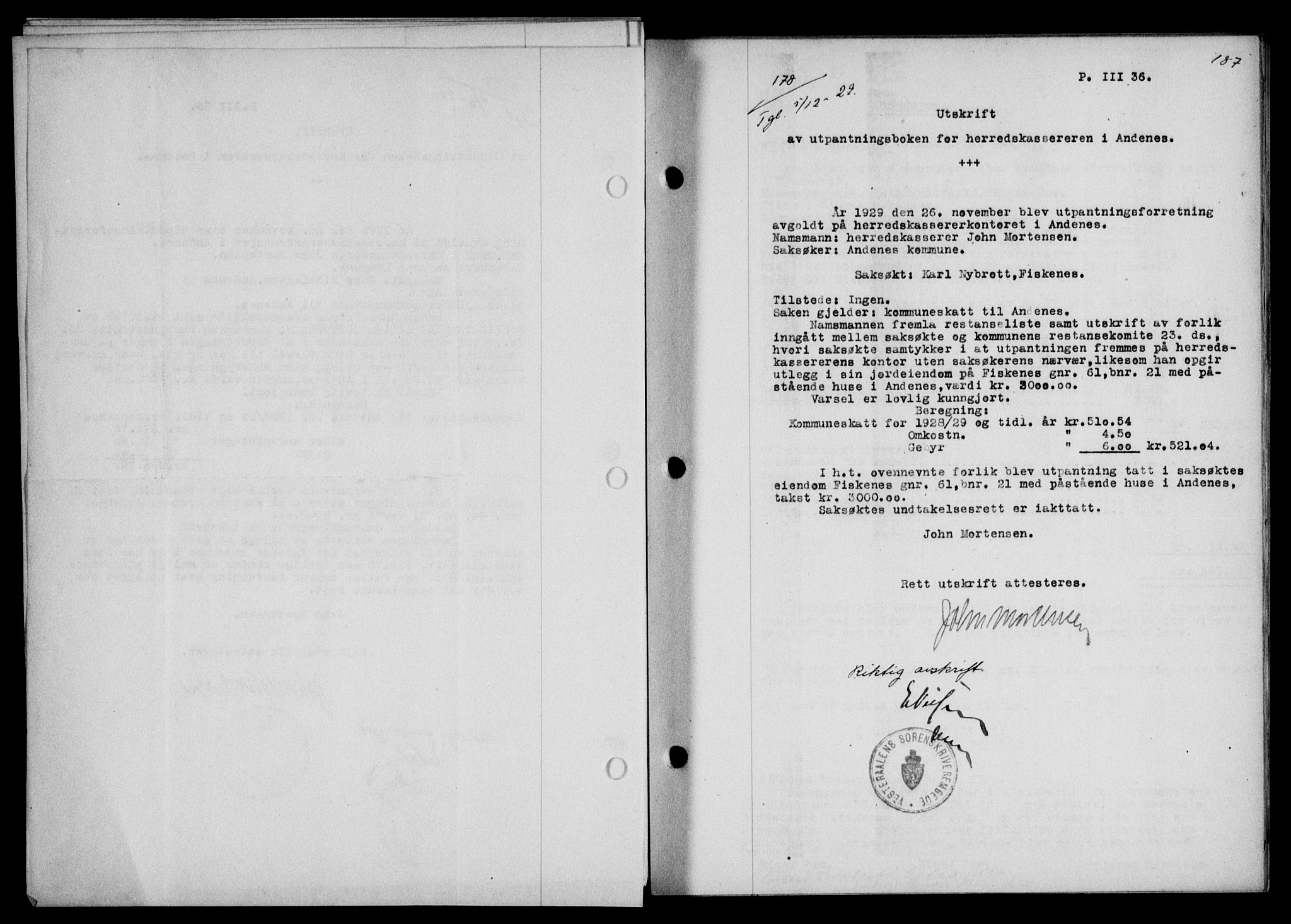 Vesterålen sorenskriveri, SAT/A-4180/1/2/2Ca/L0050: Mortgage book no. 43, 1929-1930, Deed date: 05.12.1929