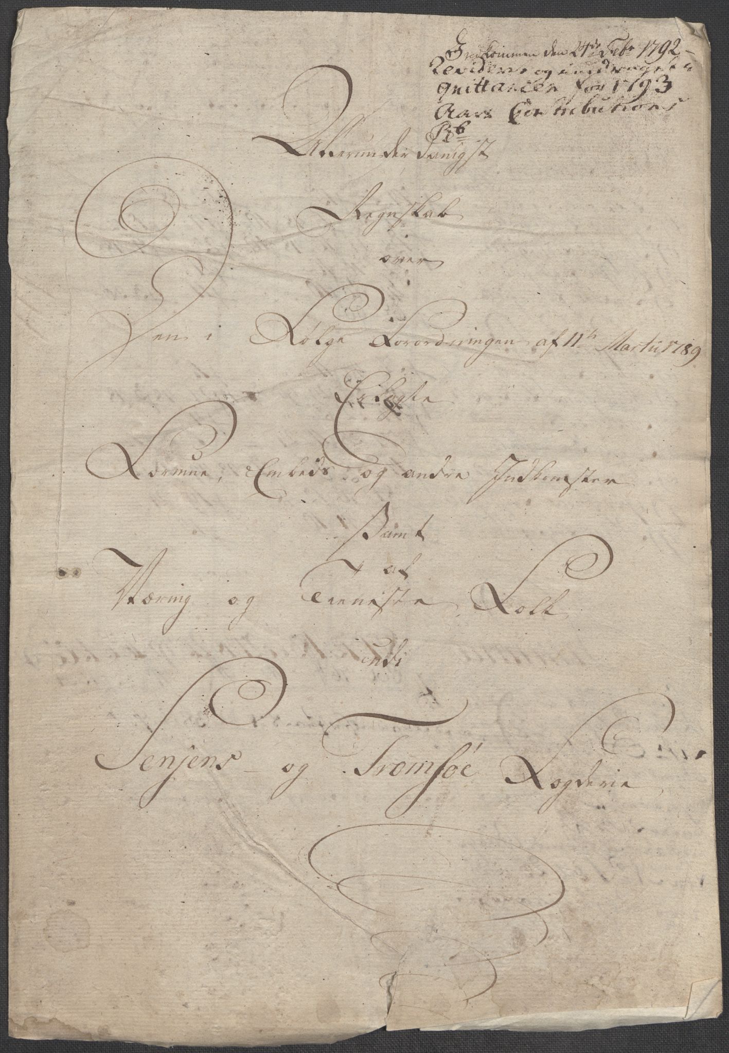 Rentekammeret inntil 1814, Reviderte regnskaper, Mindre regnskaper, RA/EA-4068/Rf/Rfe/L0042:  Senja og Troms fogderi, 1789, p. 5