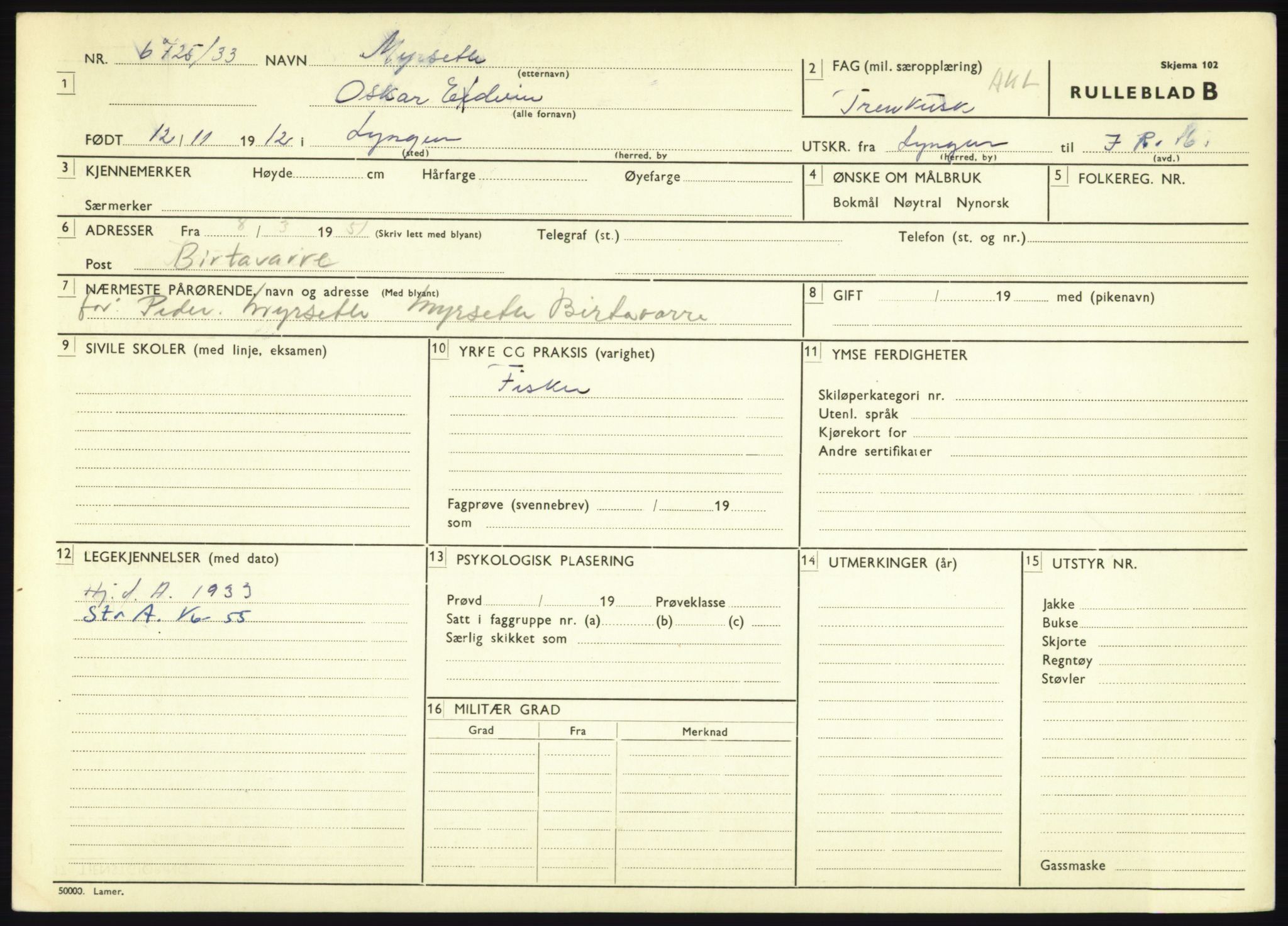 Forsvaret, Troms infanteriregiment nr. 16, AV/RA-RAFA-3146/P/Pa/L0017: Rulleblad for regimentets menige mannskaper, årsklasse 1933, 1933, p. 869