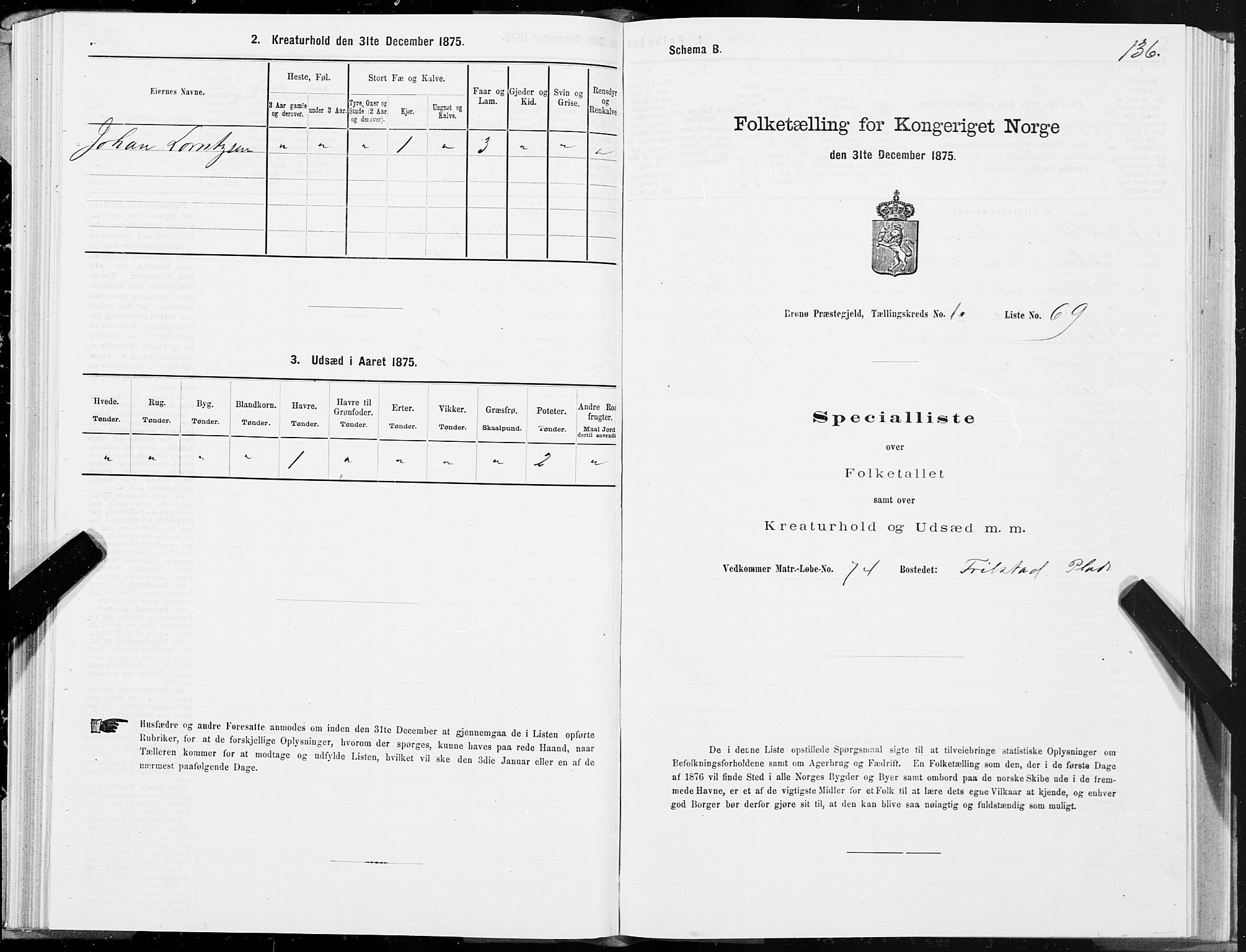 SAT, 1875 census for 1814P Brønnøy, 1875, p. 1136