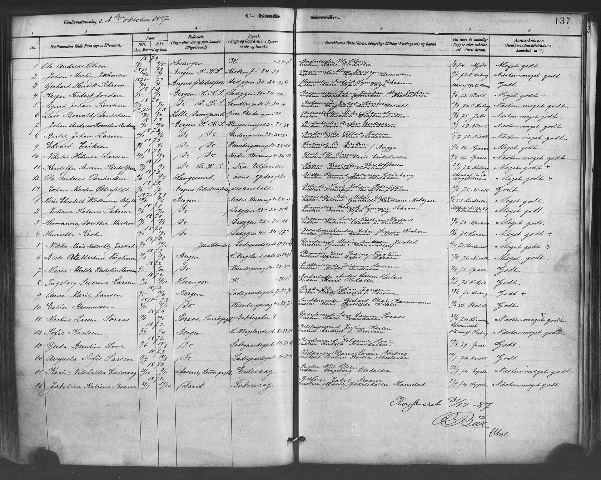 Mariakirken Sokneprestembete, SAB/A-76901/H/Haa/L0007: Parish register (official) no. A 7, 1878-1893, p. 137