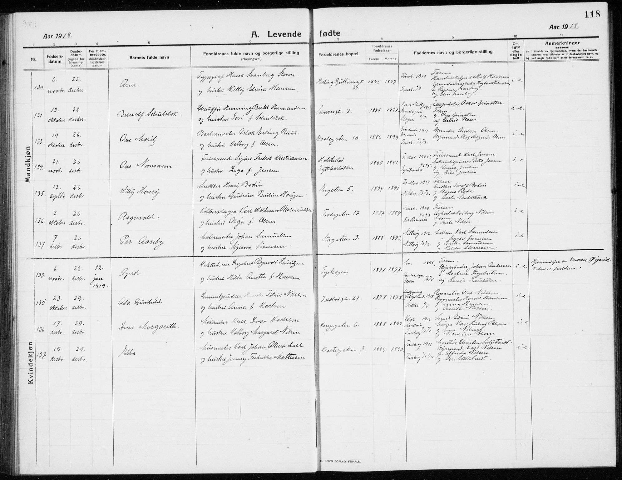 Tønsberg kirkebøker, AV/SAKO-A-330/G/Ga/L0009: Parish register (copy) no. 9, 1913-1920, p. 118