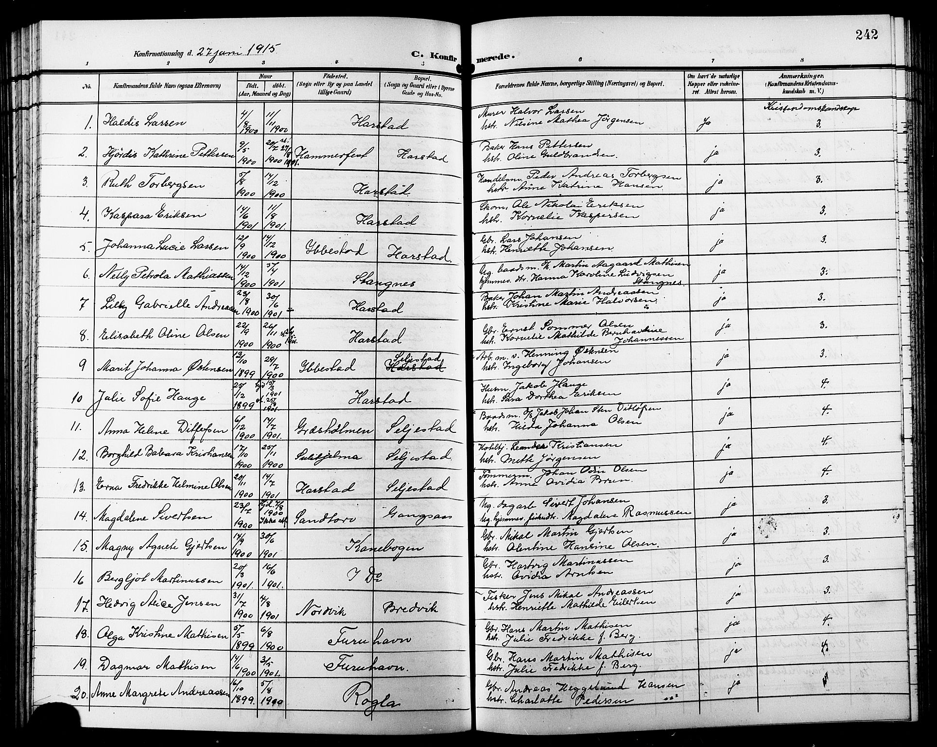 Trondenes sokneprestkontor, SATØ/S-1319/H/Hb/L0012klokker: Parish register (copy) no. 12, 1907-1916, p. 242