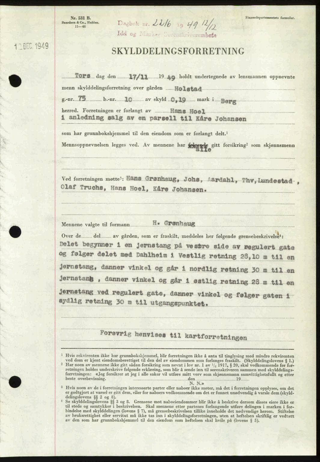 Idd og Marker sorenskriveri, AV/SAO-A-10283/G/Gb/Gbb/L0013: Mortgage book no. A13, 1949-1950, Diary no: : 2216/1949