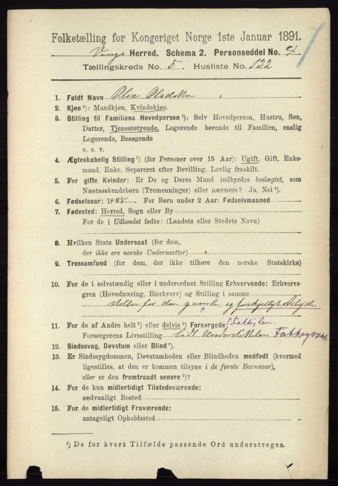 RA, 1891 census for 0414 Vang, 1891, p. 4164