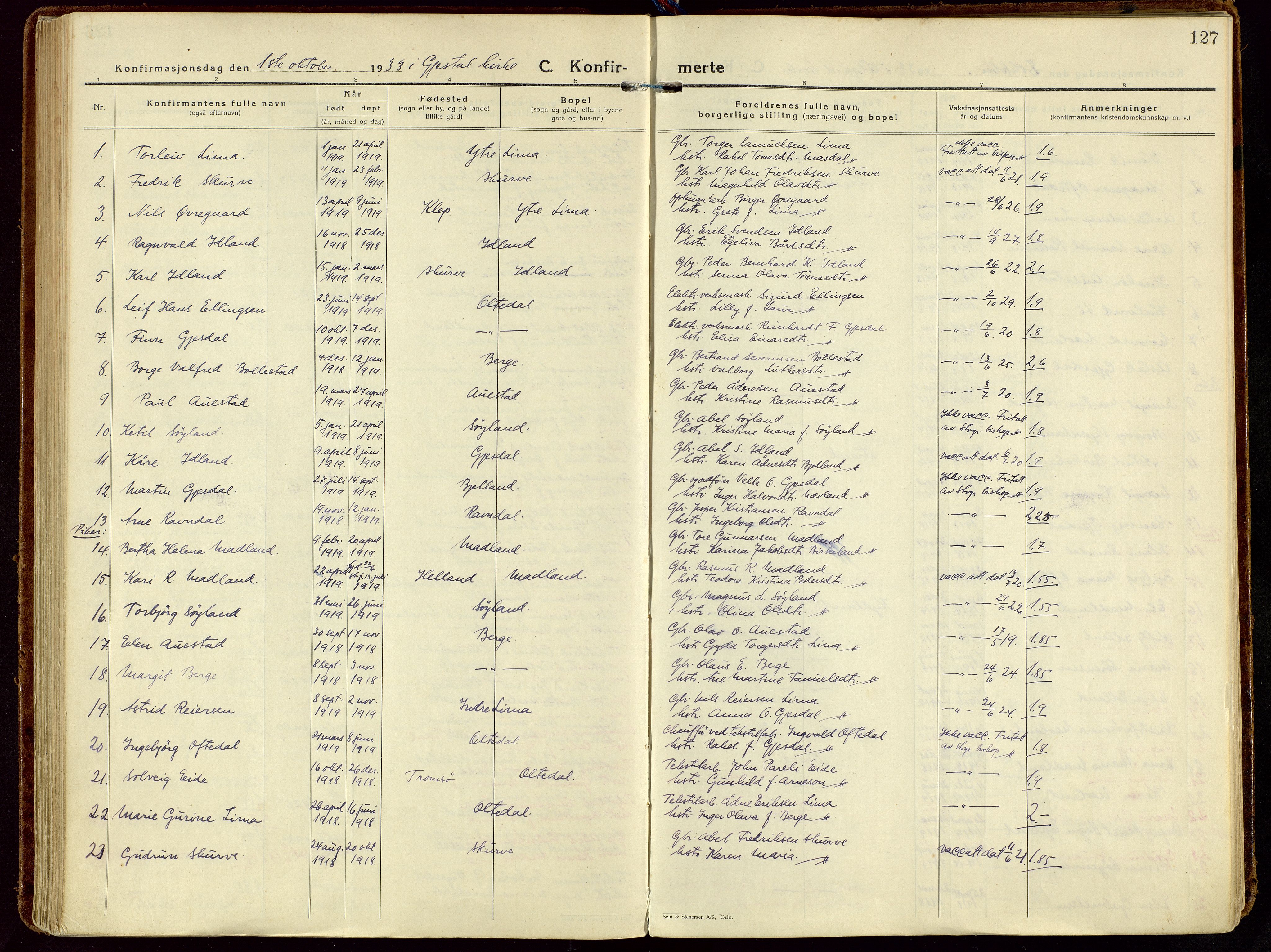 Gjesdal sokneprestkontor, SAST/A-101796/003/O/L0001: Parish register (official) no. A 1, 1925-1949, p. 127