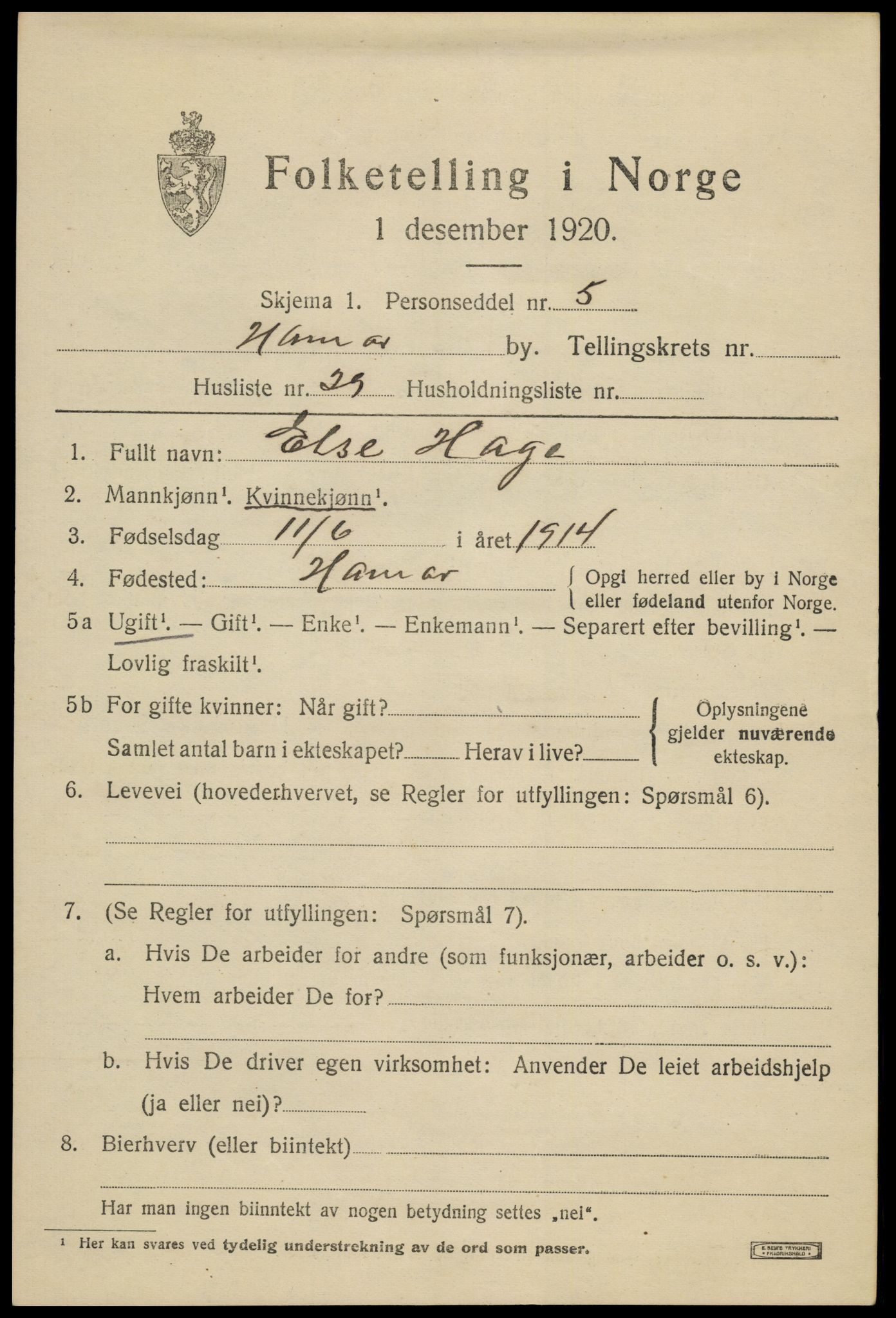 SAH, 1920 census for Hamar, 1920, p. 9251