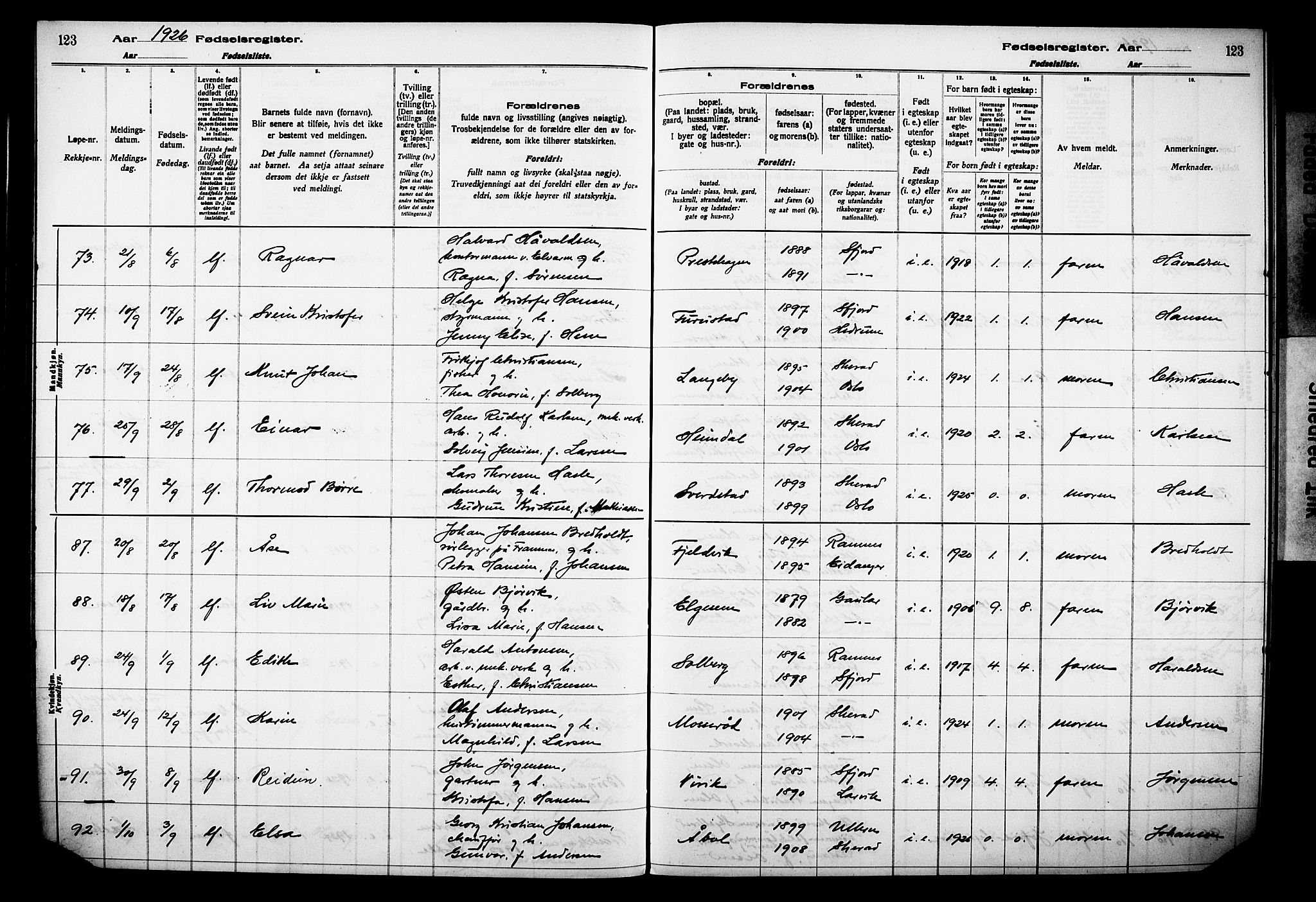 Sandar kirkebøker, AV/SAKO-A-243/J/Ja/L0002: Birth register no. 2, 1922-1929, p. 123