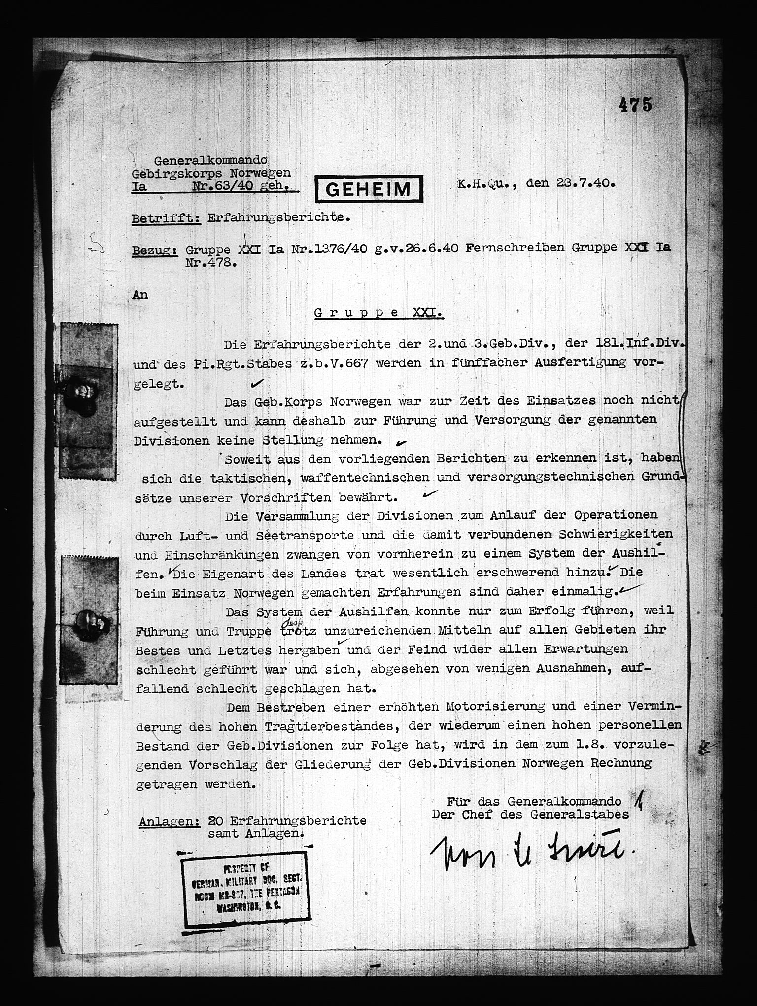 Documents Section, RA/RAFA-2200/V/L0082: Amerikansk mikrofilm "Captured German Documents".
Box No. 721.  FKA jnr. 619/1954., 1940, p. 2