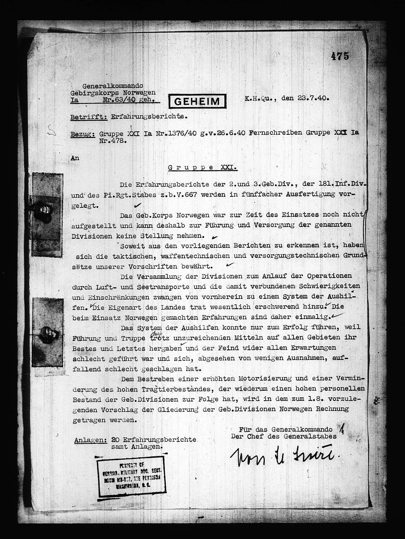 Documents Section, AV/RA-RAFA-2200/V/L0082: Amerikansk mikrofilm "Captured German Documents".
Box No. 721.  FKA jnr. 619/1954., 1940, p. 2