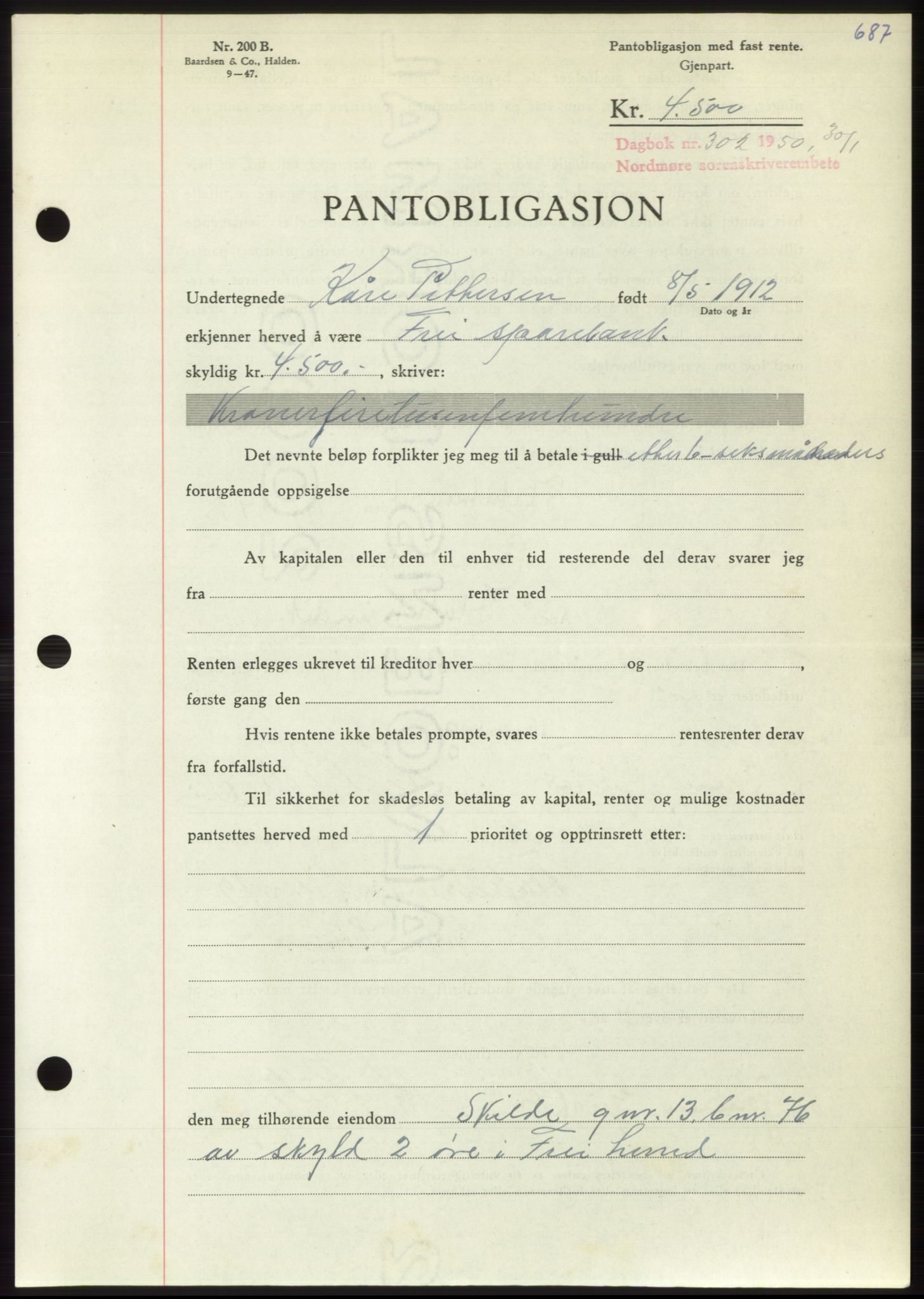 Nordmøre sorenskriveri, AV/SAT-A-4132/1/2/2Ca: Mortgage book no. B103, 1949-1950, Diary no: : 302/1950